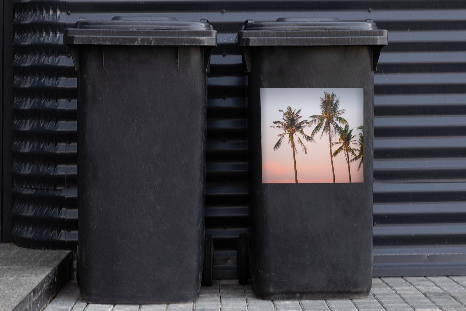 Sticker, Mülleimer-aufkleber, Abfalbehälter St), Palmen - Container, - Tropisch Wandsticker MuchoWow Mülltonne, (1 Sonnenuntergang