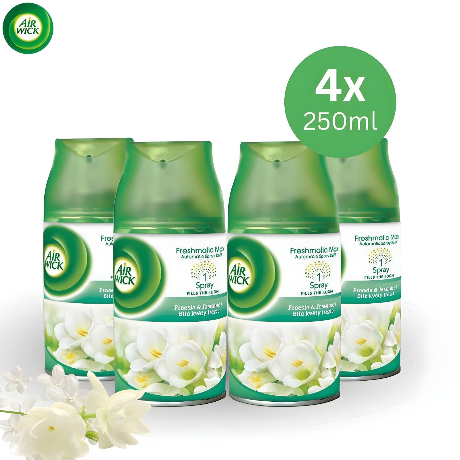 Air Wick Raumduft-Nachfüllflasche Freesia & Jasmin Für Automatische Duftspender 250 ml (4 St), Ein Nachfüller hält bis zu 70 Tage -