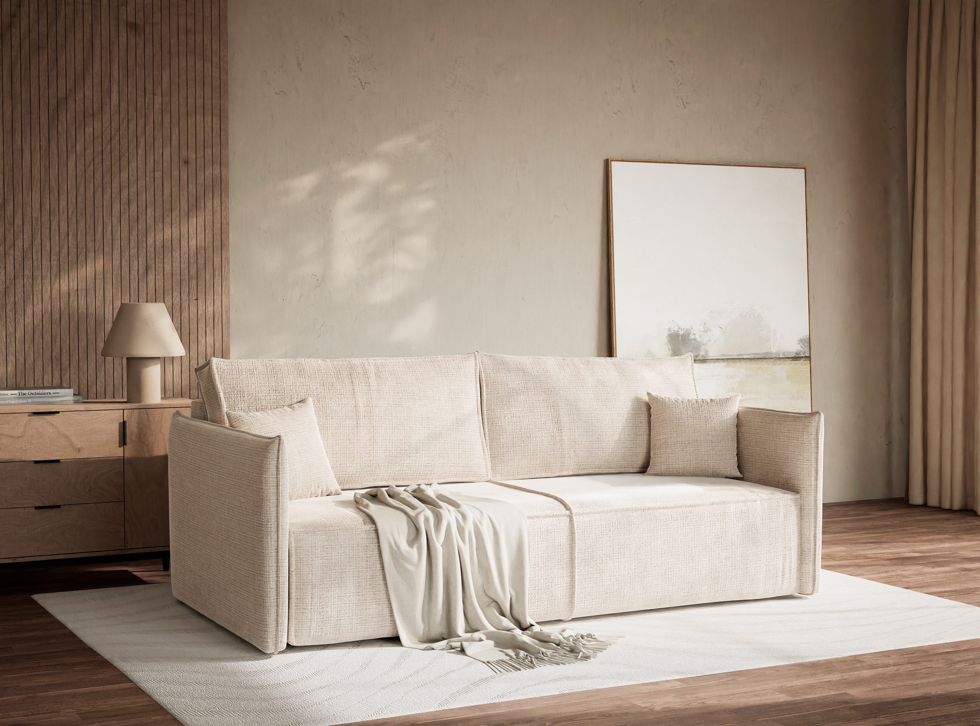 Maison de Rêve 3-Sitzer Sofa mit Schlaffunktion Obra, Schlafsofa mit Bettkasten und Zierkissen, Liegefläche: 135x200 cm