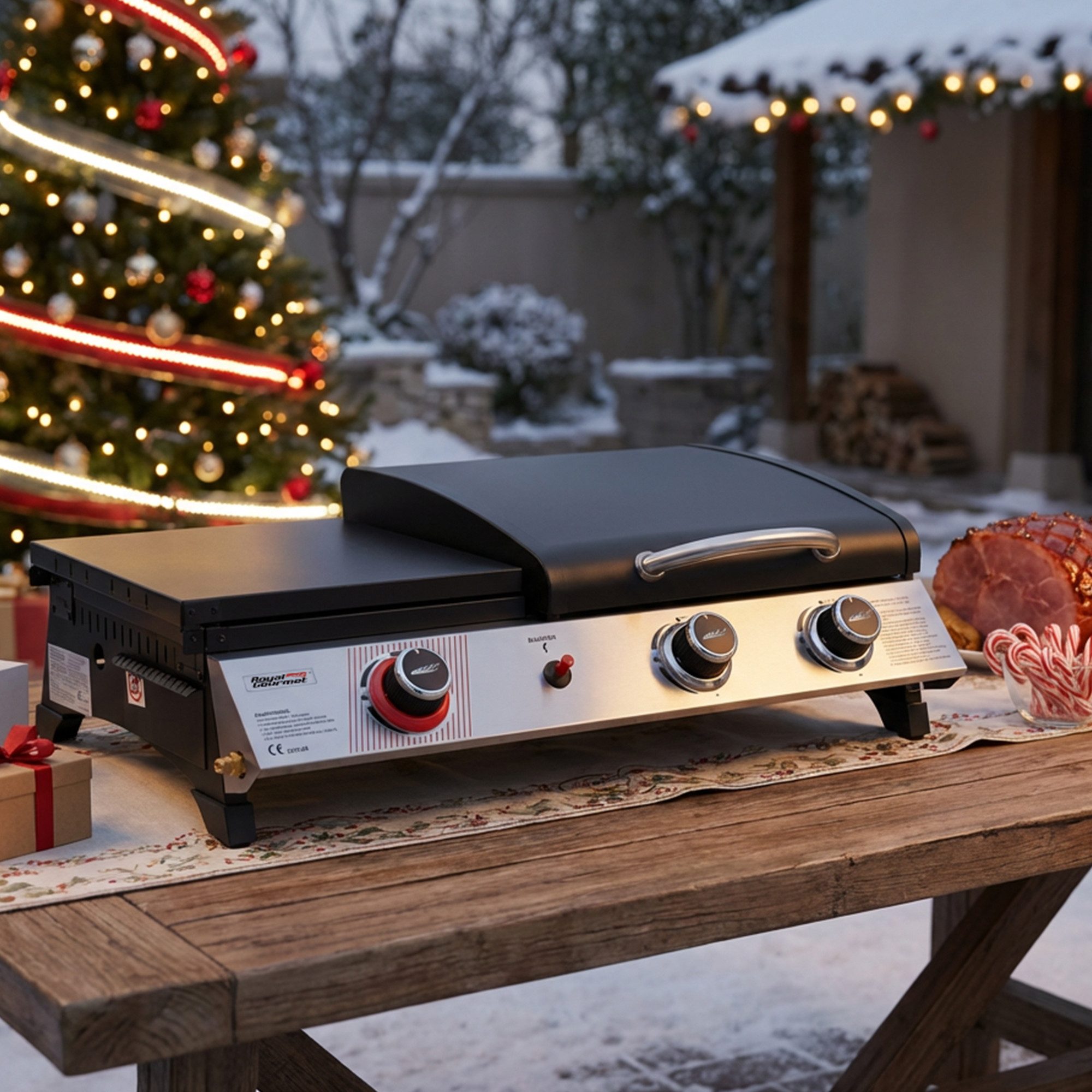 Royal Gourmet Gasgrill 3-Brenner Gasgrill, 3-in-1 Tischgrill für Grillen, Braten und Kochen, Tragbarer Campinggrill mit Klapp-Seitenablage und 8,5 kW Leistung