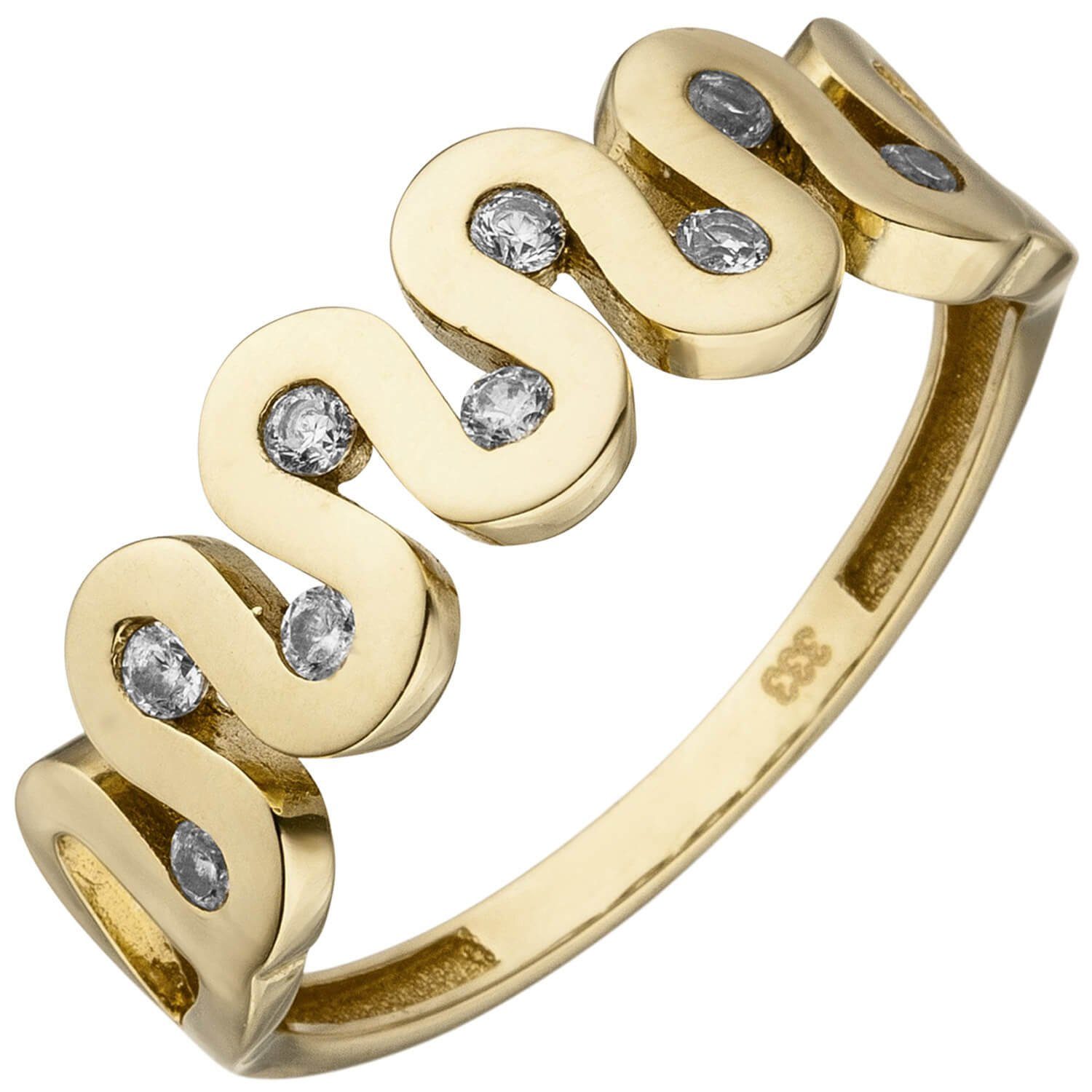 Schmuck Krone Fingerring Ring Damenring mit Wellen 9 Zirkonia 333 Gold Gelbgold Fingerring 7mm breit, Gold 333