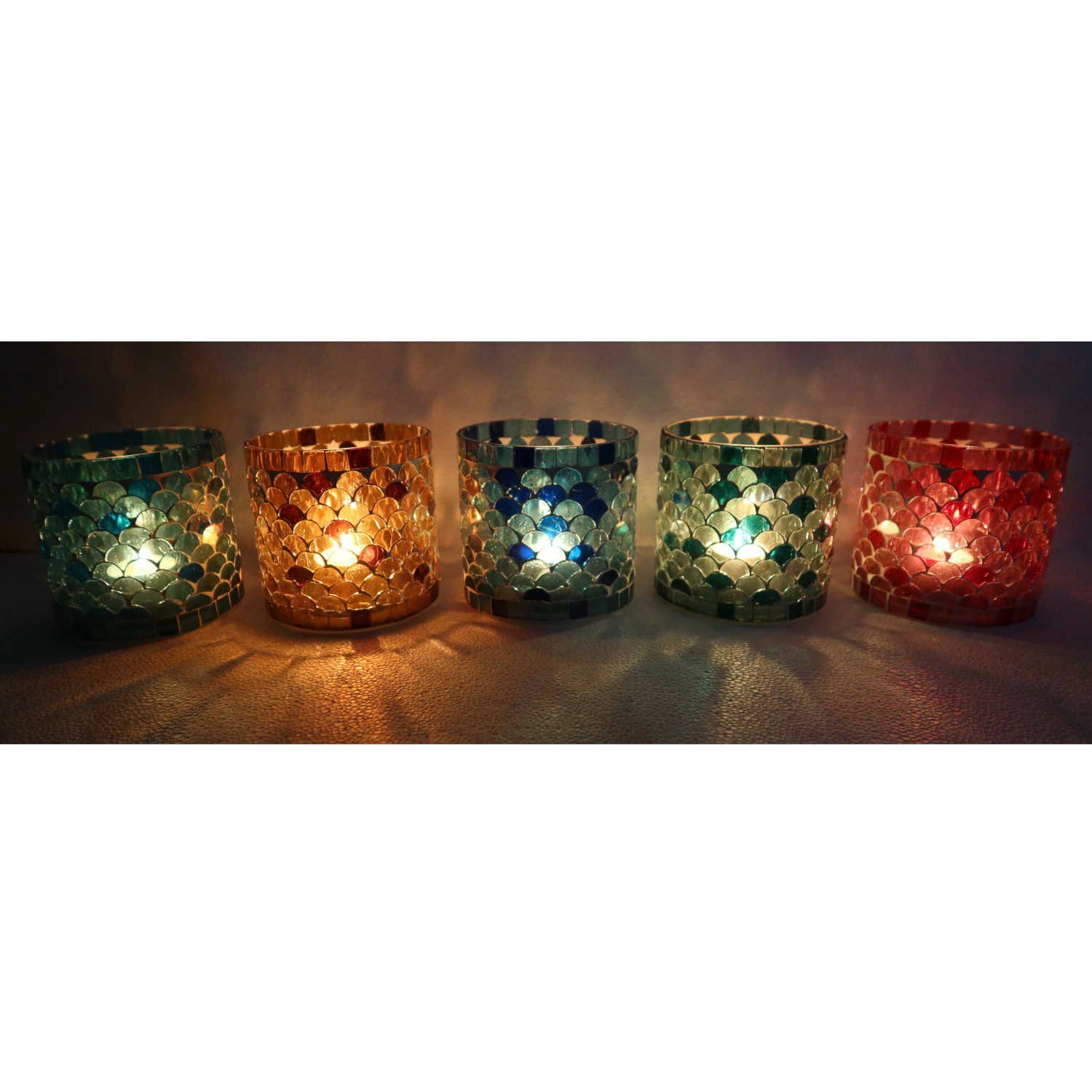Casa Moro Windlicht Orientalisches Mosaik Windlicht ATHEN M 5ER Set Ø10cm in 5 Farben (Weihnachten Teelichthalter Kerzenständer Glas Kerzenhalter rund, Glaswindlicht in den Farben Blau, Gelb, Rot, Grün, Dunkelblau), marokkanische Kerzenleuchter aus 1001 Nacht, WZ777-M