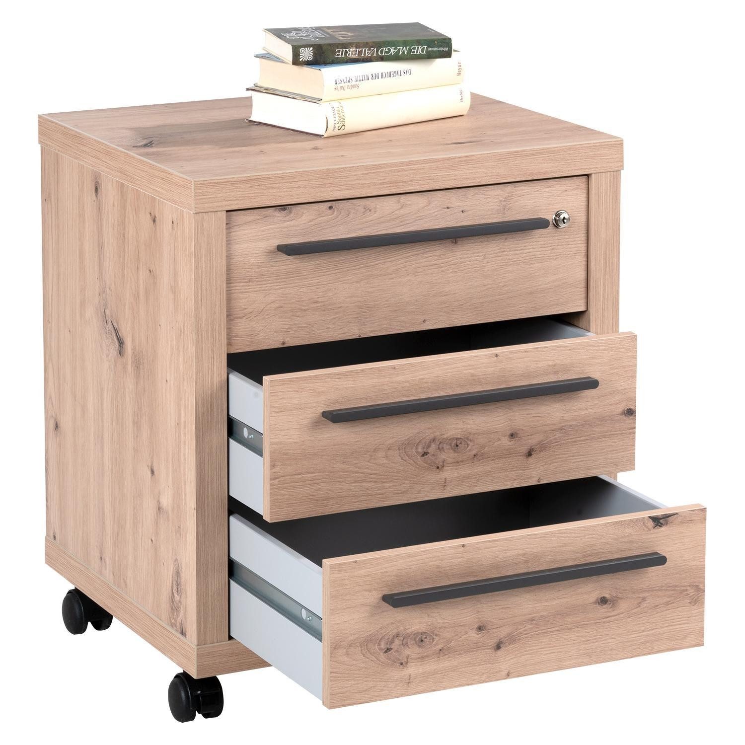 Composad Rollcontainer RILEGA, 3 Schubladen, Artisan Eiche Dekor, mit Rollen, oberste Schublade abschließbar, B 54 x H 64 x T 45 cm