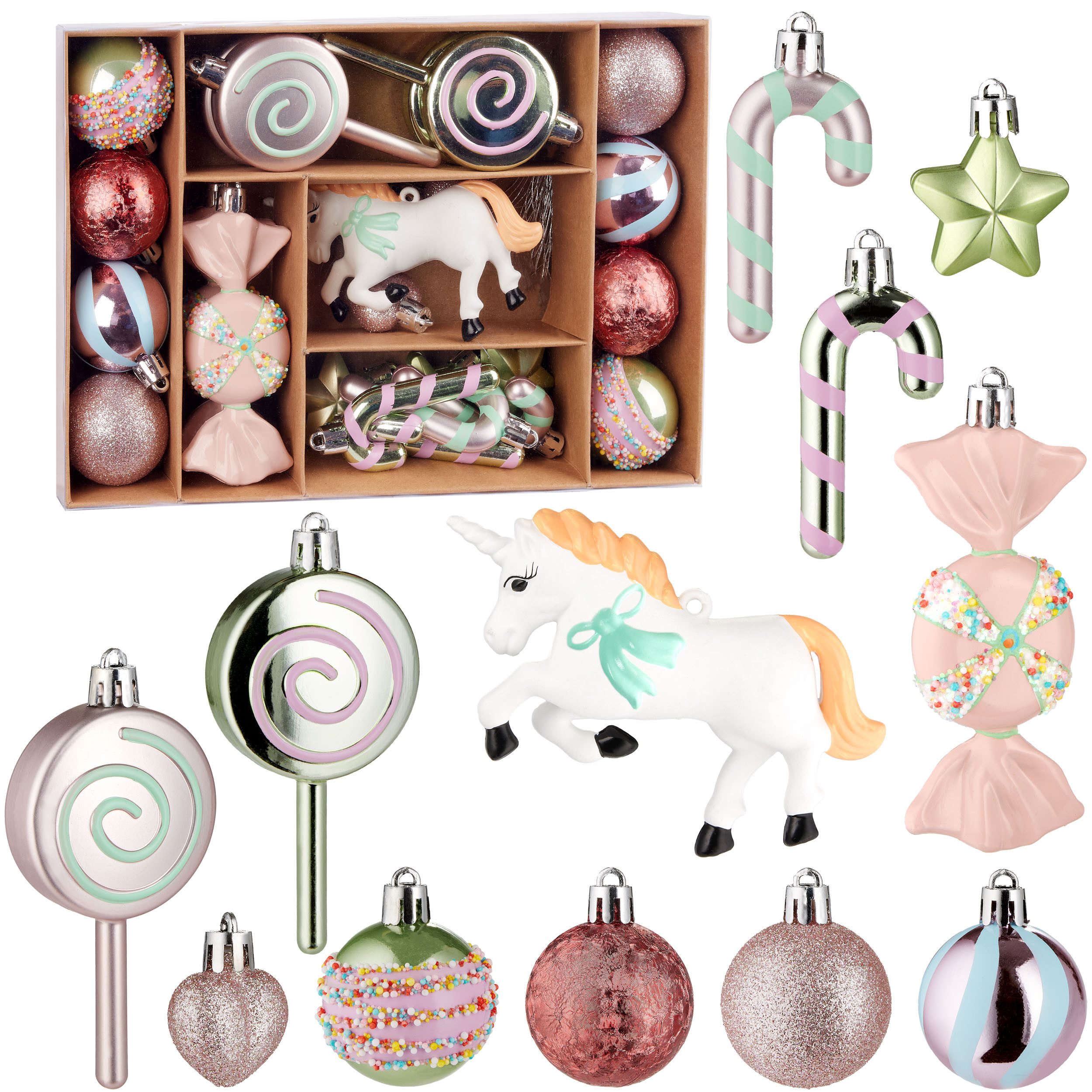 BRUBAKER Weihnachtsbaumkugel 24-tlg. Einhorn Christbaumschmuck - Süßes Weihnachtskugel Set (24 St), mit Süßigkeiten, Bonbons, Zuckerstangen und Bunte Pastellfarben Kugeln
