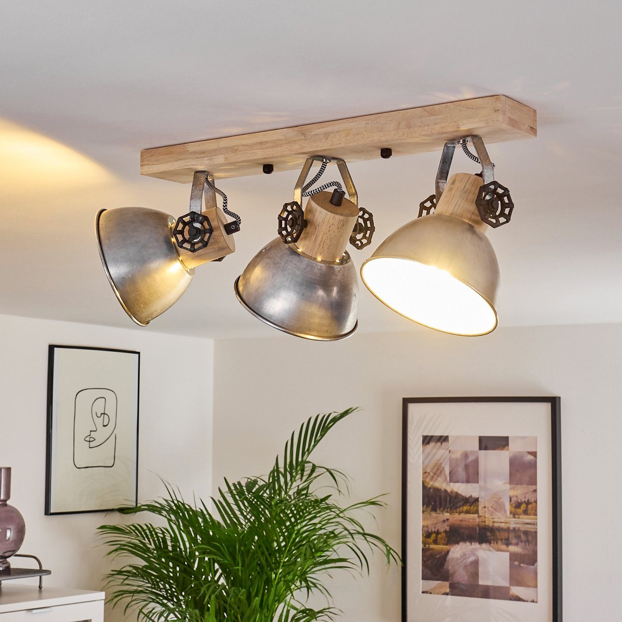 hofstein Deckenleuchte »Cotes« Deckenlampe aus Metall/Holz in Zink/Braun, ohne Leuchtmittel, mit verstellbaren Strahlern, 3xE27, Spot im Retro/Vintage Design