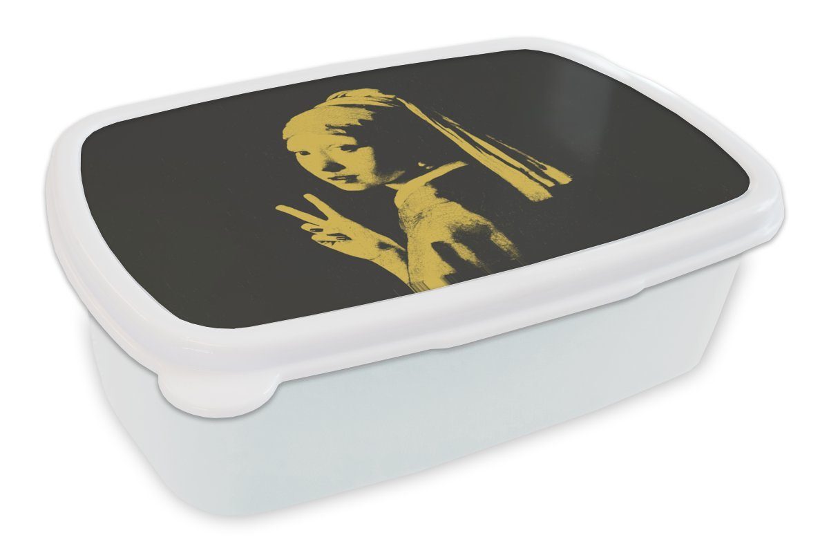 MuchoWow Lunchbox Das Mädchen mit dem Perlenohrring - Vermeer - Frieden, Kunststoff, (2-tlg), Brotbox für Kinder und Erwachsene, Brotdose, für Jungs und Mädchen weiß