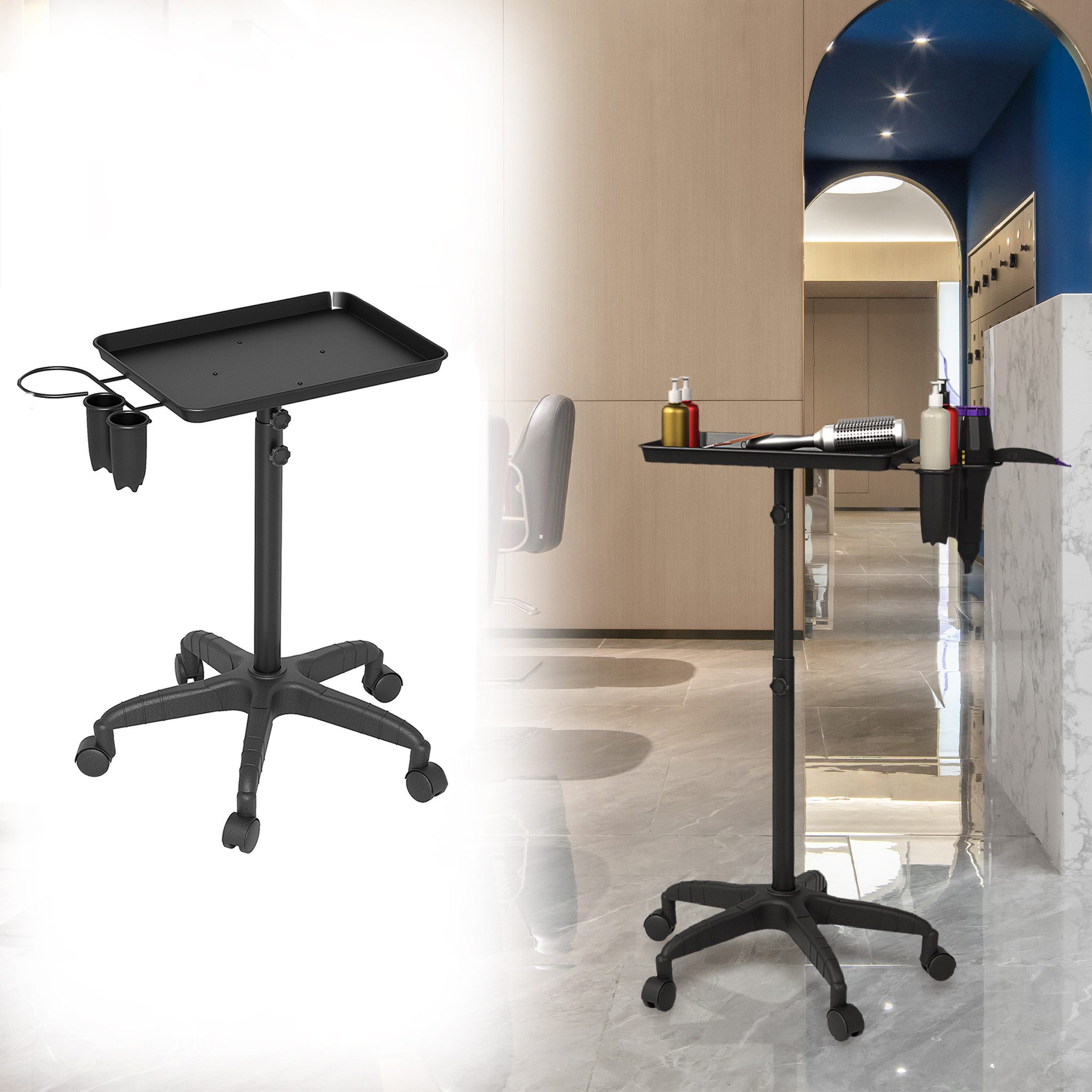 FIVMEN Servierwagen Höhenverstellbarer Salonwagen 71-105,5 cm, Schwarz, Kosmetikwagen, für Friseursalon, Kosmetikstudio, Kliniken und privaten Gebrauch.