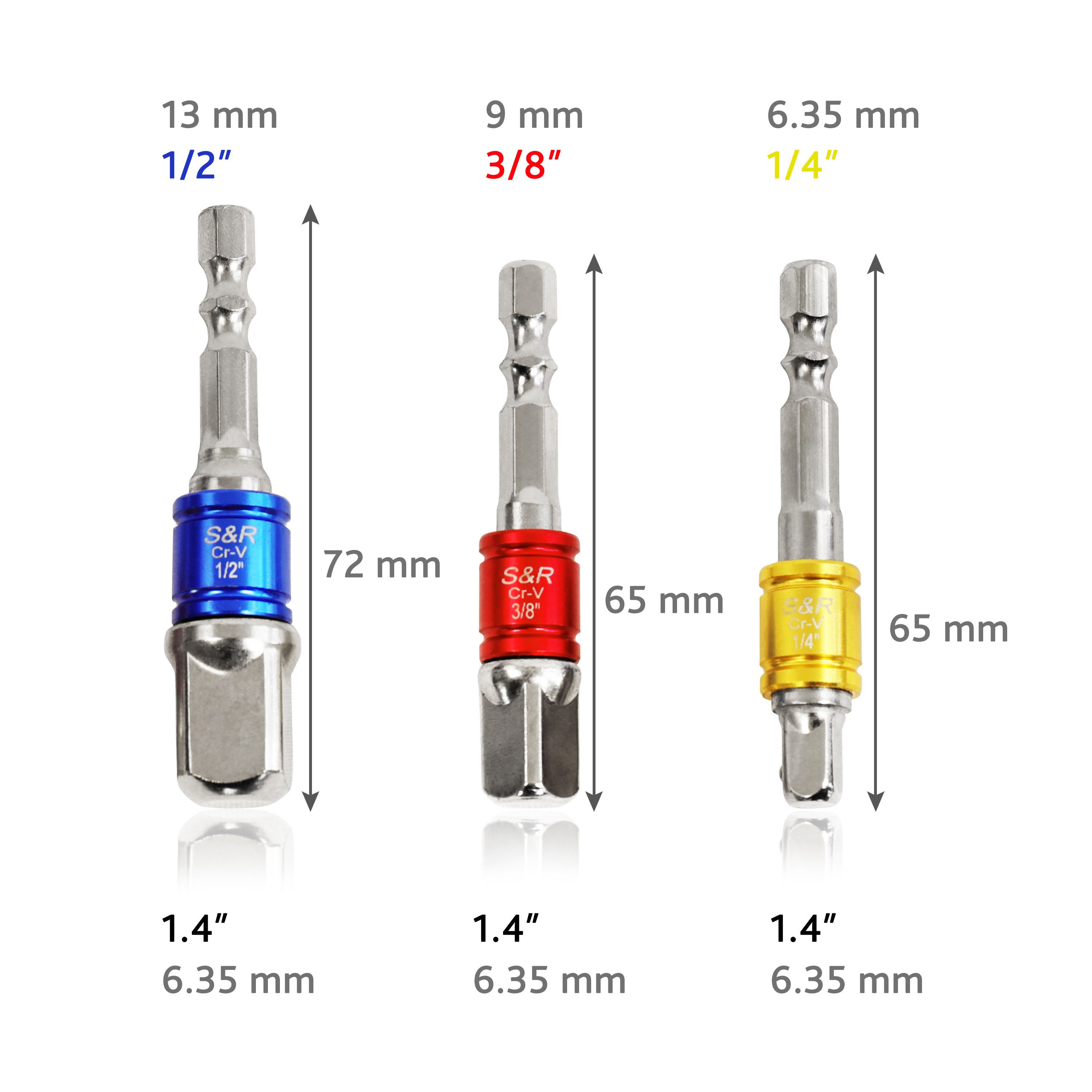 S&R Stecknüsse Stecknuss-Adapter Set, für Bohrmaschine, Akkuschrauber, Bithalter, Set, 3x 1/4" Sechskant-Adapter für 1/4"-, 1/2"-, 3/8" + 4 Stecknüsse, aus Chro – Bild 4 von 5