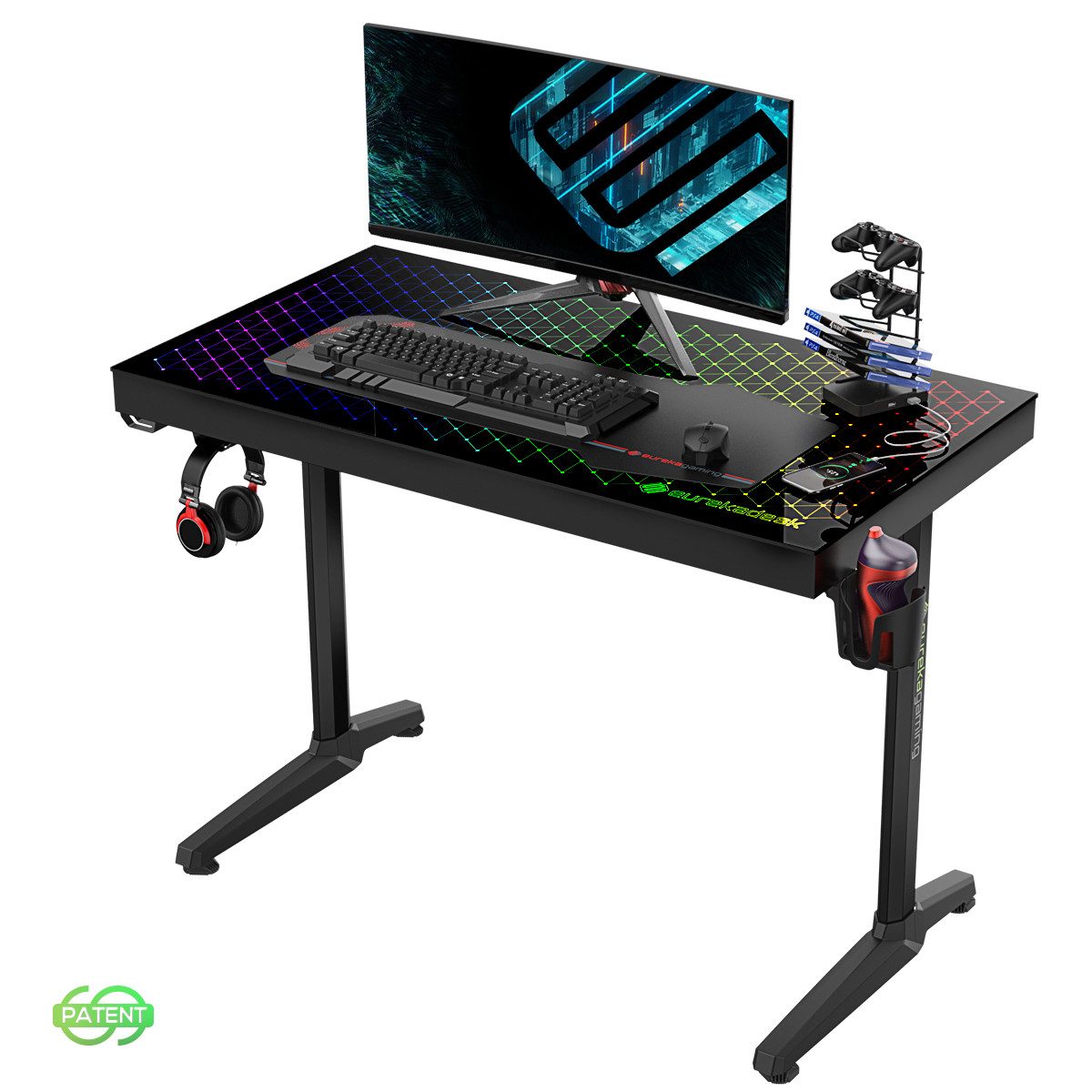 EE EUREKA ERGONOMIC Gamingtisch 110 x 60 cm große Glasfläche, Computertisch für Gaming und PC-Arbeit, RGB-Schreibtisch mit App-Steuerung, Haltern und rutschfestem Mauspad