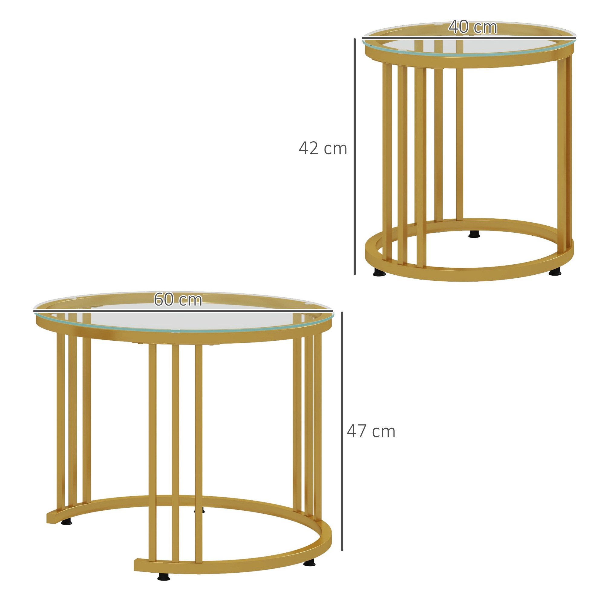 HOMCOM Couchtisch runde Couchtische Set von 2 mit gehärtetem Glas und Stahlrahmen (Beistelltisch, 2-St., Schachteltisch), für Wohnzimmer, Gold