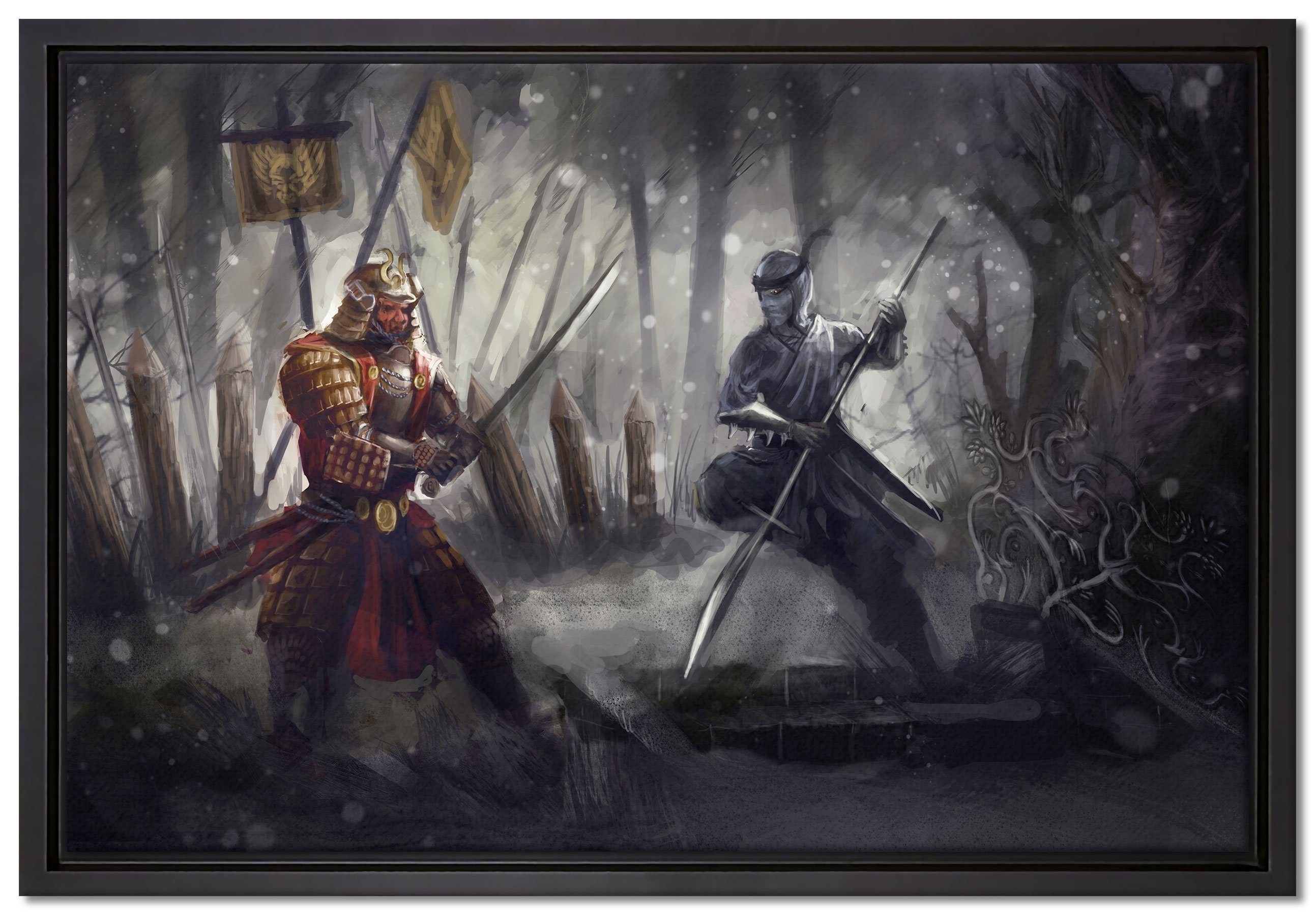bespannt, Wanddekoration Ninja, gefasst, inkl. Kampf einem in Schattenfugen-Bilderrahmen Leinwandbild St), fertig (1 Leinwandbild Samurai Zackenaufhänger und Pixxprint zwischen