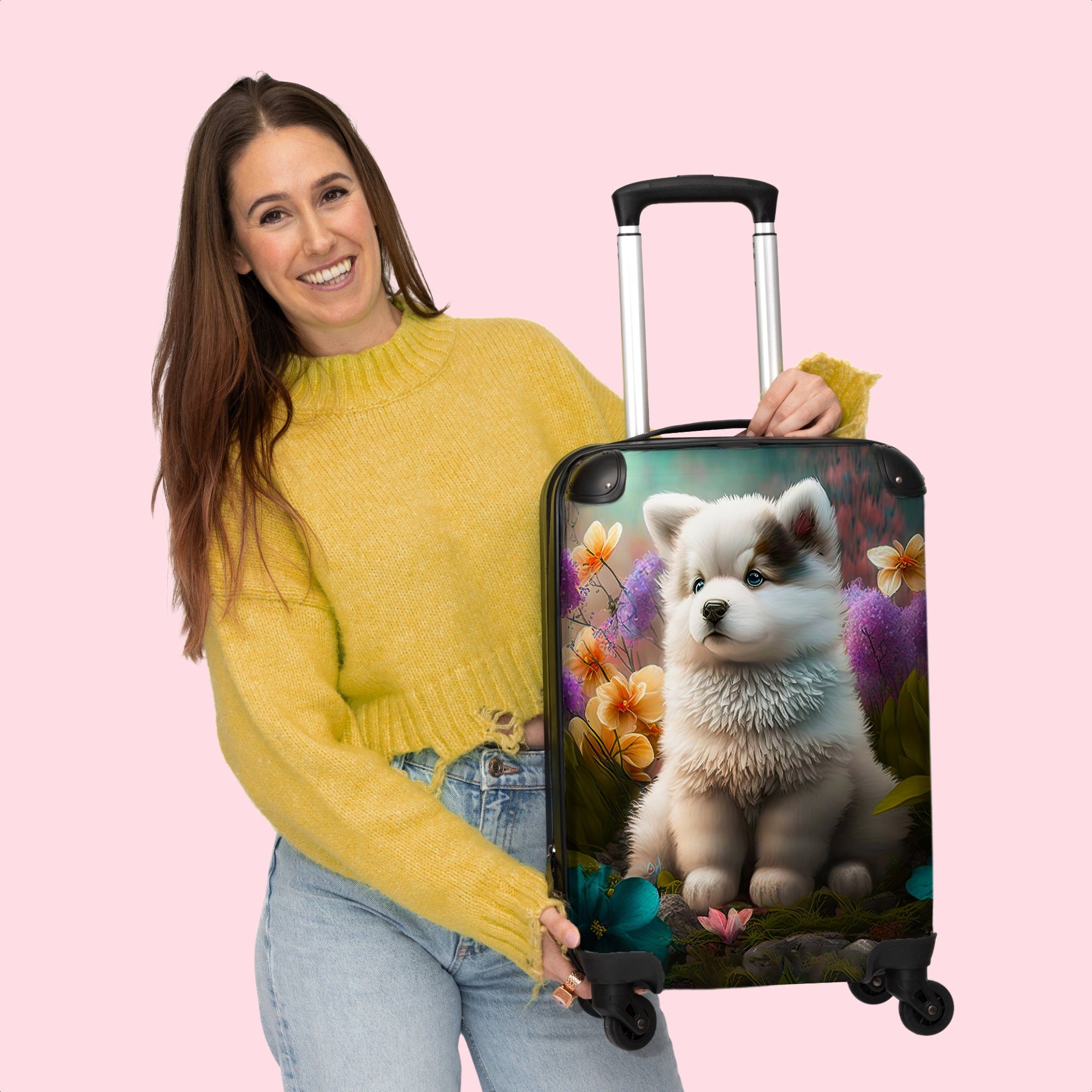 NoBoringSuitcases.com© Handgepäckkoffer Pflanzen Rollen, - Husky, Handgepäck Blumen Reisekoffer mit Rollen Rollkoffer 4 Natur - 55x35x20cm Cabin - - 4 Trolley Kleine - Welpe