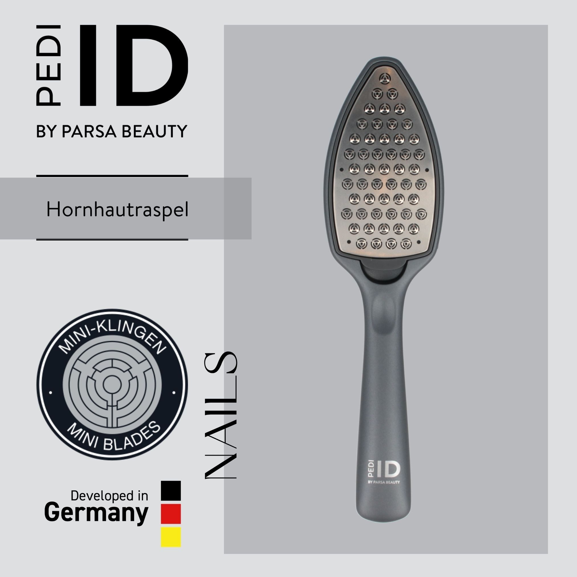 PARSA Beauty Hornhautfeile Pedi ID Hornhautraspel mit Auffangbehälter & Edelstahl-Klingen