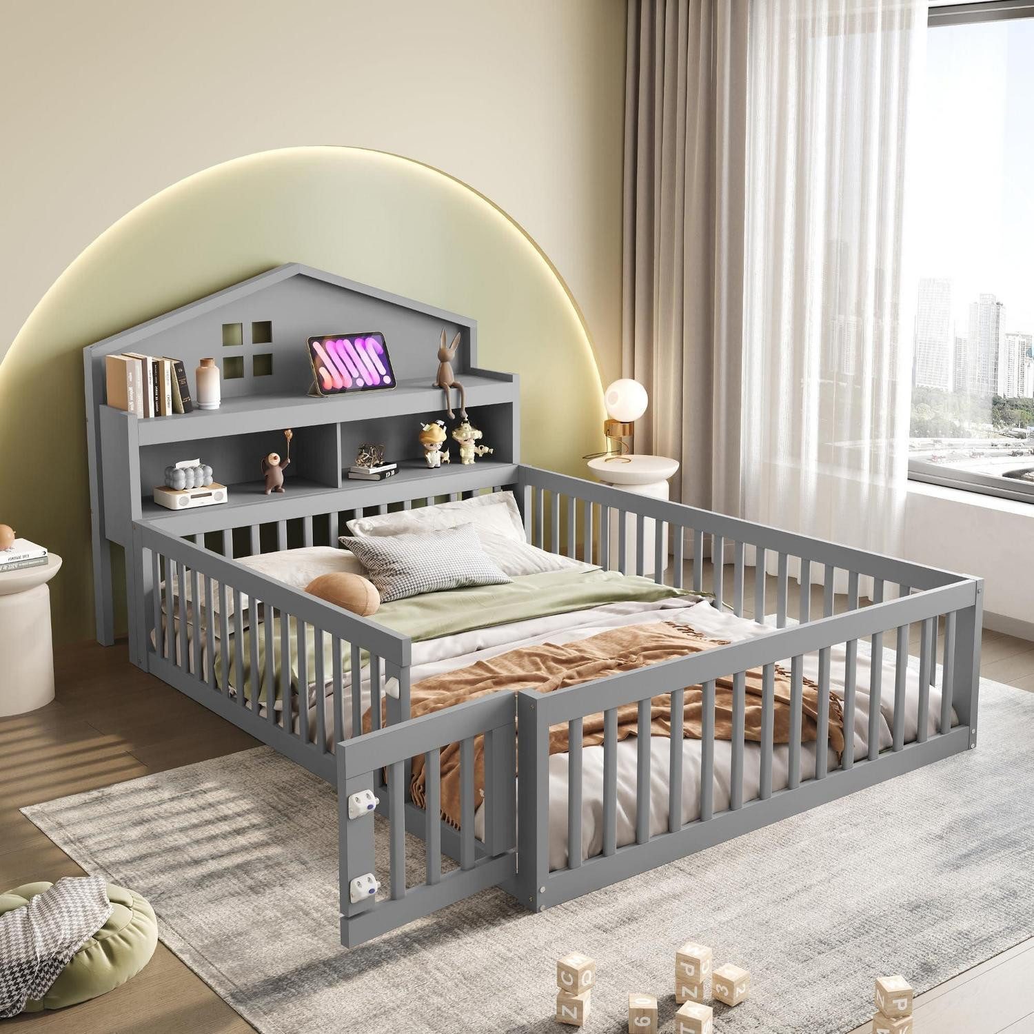 LuxusKollektion Hausbett Bodenbett Kinderbett 140x200 Grau Tür mit Stauraum