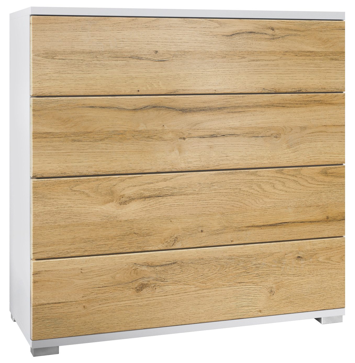 Vladon Kommode Pavos V3 (Sideboard, mit 4 Schubladen), Weiß matt/Eiche Natur (76 x 76 x 35 cm)