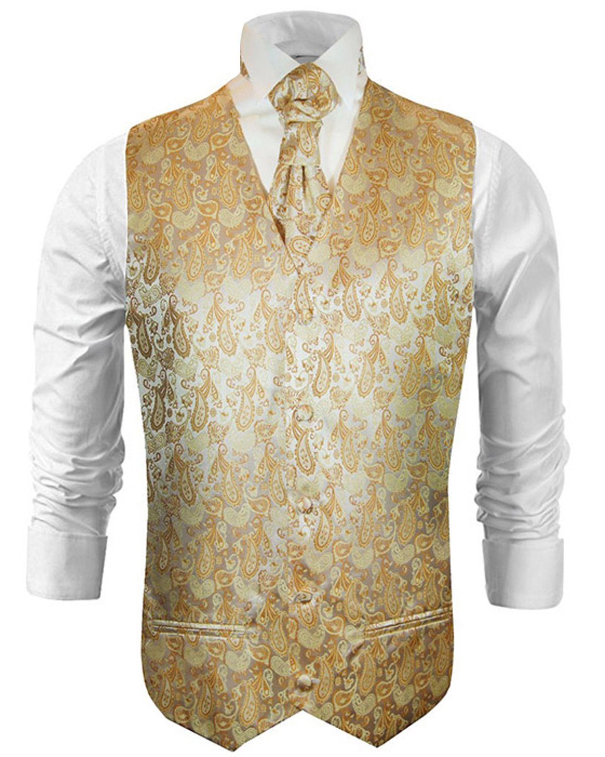 (Set, Plastron Set Weste mit (S) gold paisley V16, mit Gr. Plastron) Herren 2tlg Malone Hochzeitsweste 2-tlg., 50 und - Bräutigam Anzugweste Paul