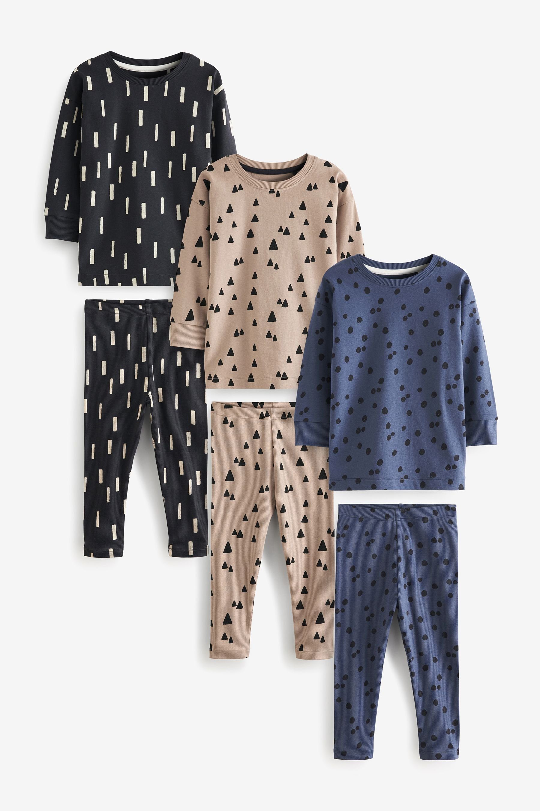 Next Pyjama Gerippter Snuggle Leggings-Pyjama, 3er-Pack (6 tlg) Blue/Neutral Mini Print