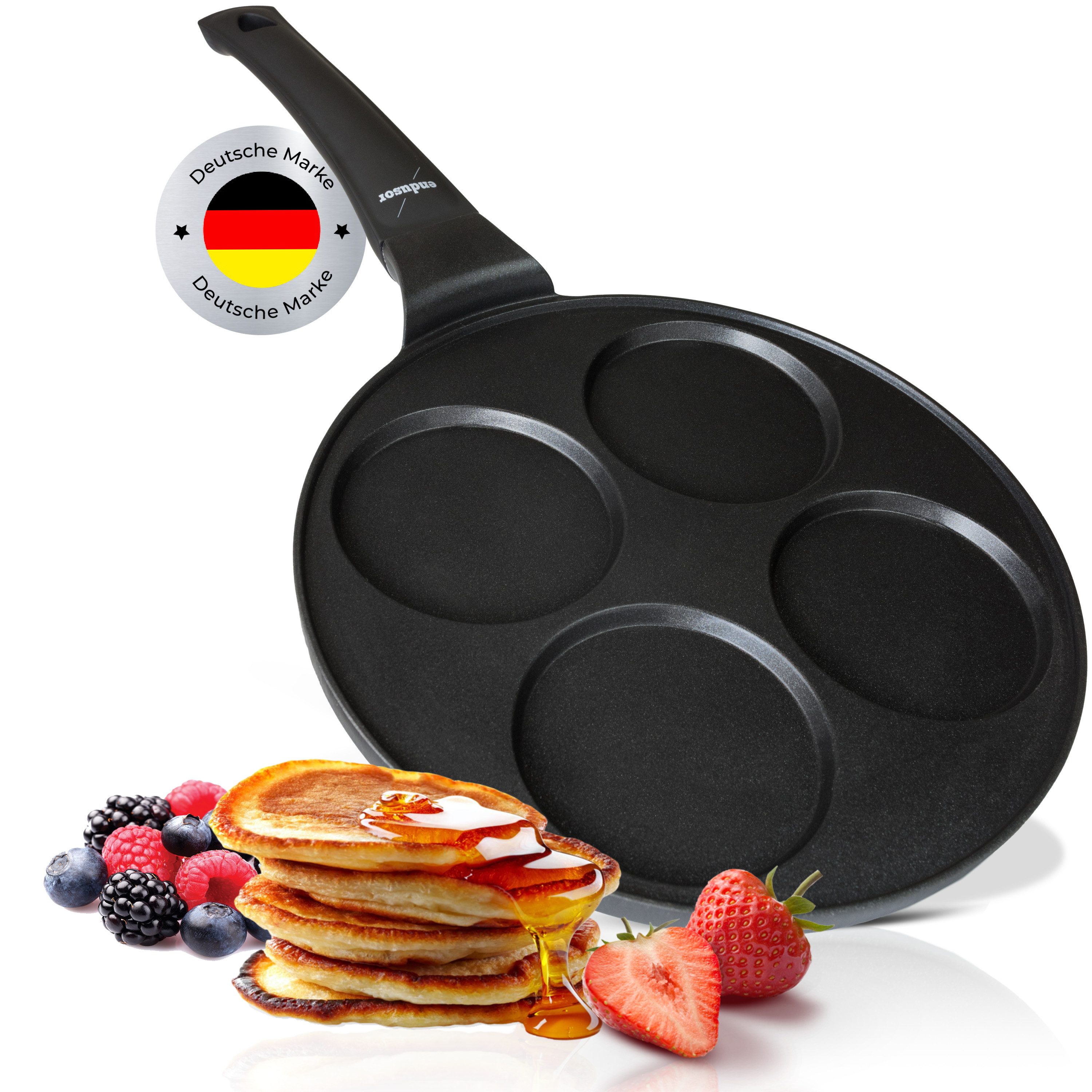 endusor Crêpepfanne Pancake Pfanne ⌀26cm (4 Mulden), Aluminiumguss (Alle Herdarten inkl. Induktion, Ø 26cm Bratpfanne), modernster Antihaft-Beschichtung & Eisenkernboden für Pancakes & Mehr