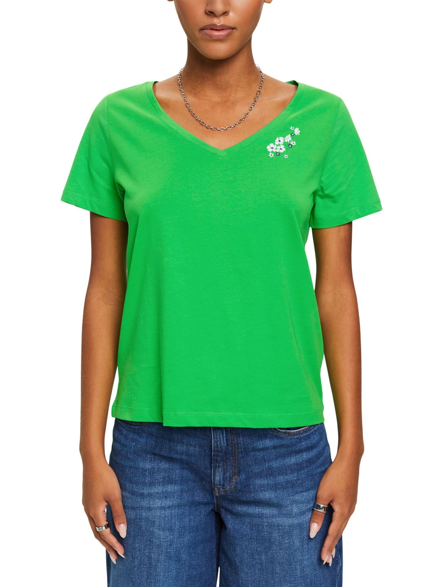 und T-Shirt Stickerei Esprit floraler V-Ausschnitt GREEN T-Shirt (1-tlg) edc by mit
