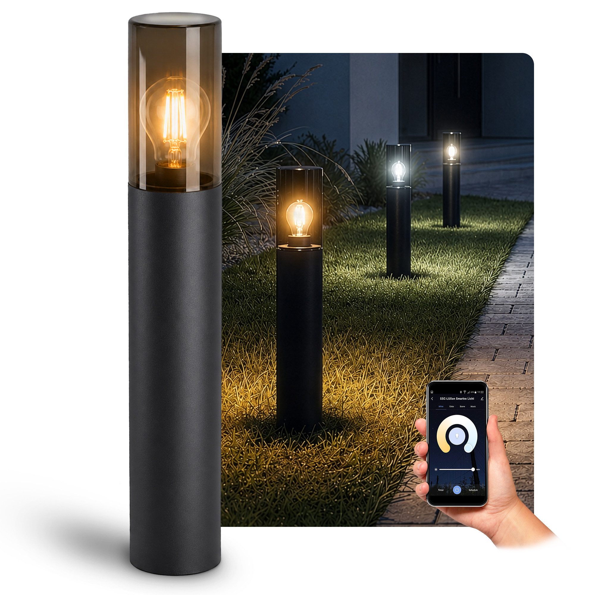 SSC-LUXon LED Gartenstrahler VARDA Wegeleuchte Pollerleuchte mit Smart E27 LED Lampe WLAN dim CCT, Neutralweiß, Warmweiß, Tageslichtweiß
