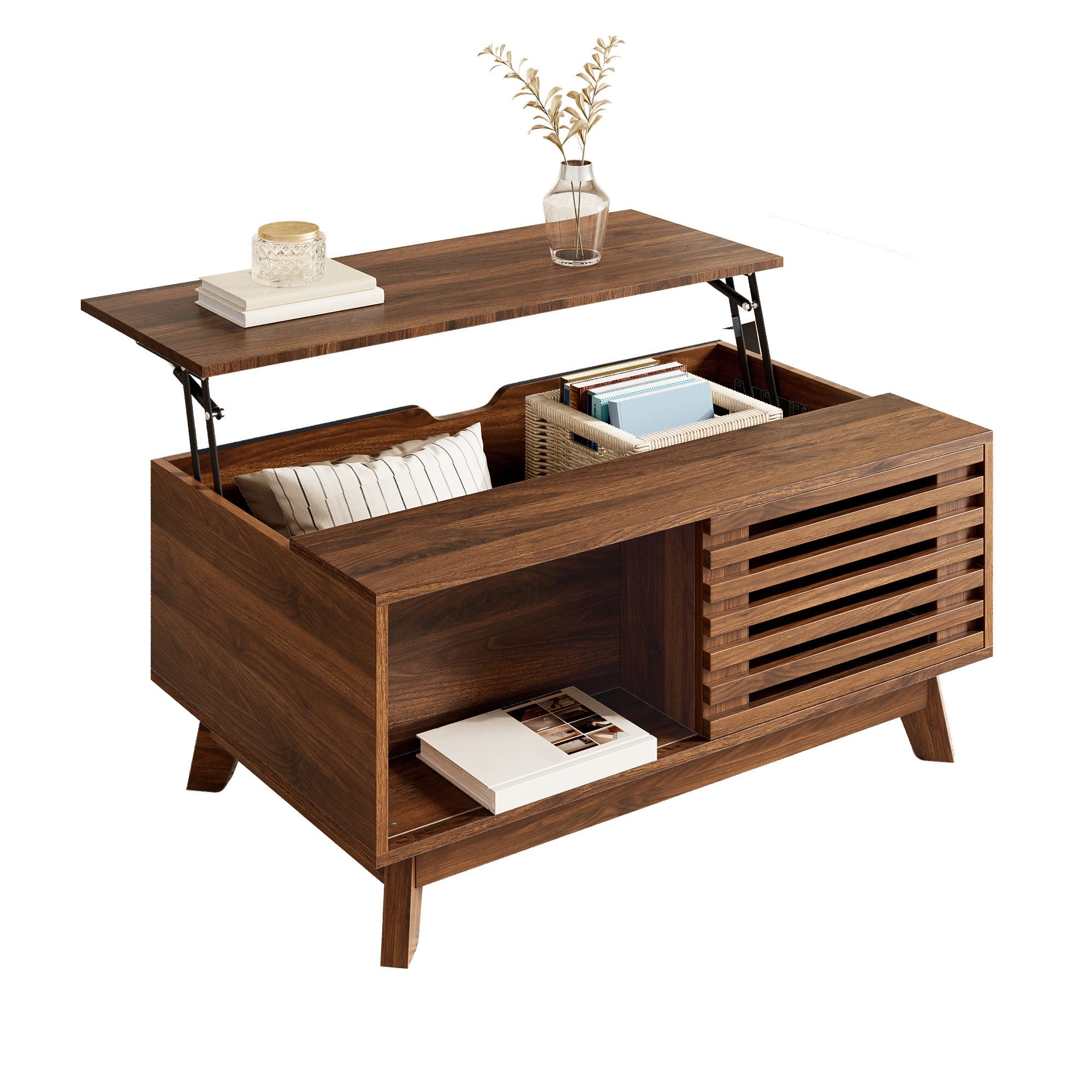 Refined Living Couchtisch Couchtisch höhenverstellbar, Kaffeetisch mit Stauraum,Beistelltisch (B90×T55×H57,5 cm, Wohnzimmertisch, höhenverstellbare Tischplatte, versteckter Stauraum, ausziehbare Tischplatte, ausreichender Stauraum, 1-St., Sofatisch,verschiebbare Jalousietür, Retro-Design, Walnussoptik), multifunktional, für Wohnzimmer, Esstisch, Arbeitstisch, kleine Räume