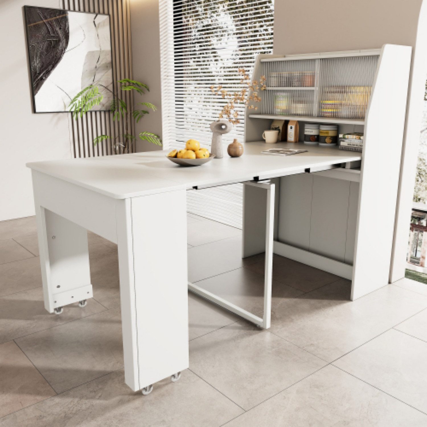 ANYSUN Esstisch Küchentisch 52–132,5 cm, ausziehbar, mit Stauraum, für kleine Räume, 4 Längen, mit Rollen & offenem Regal – flexibel im Alltag