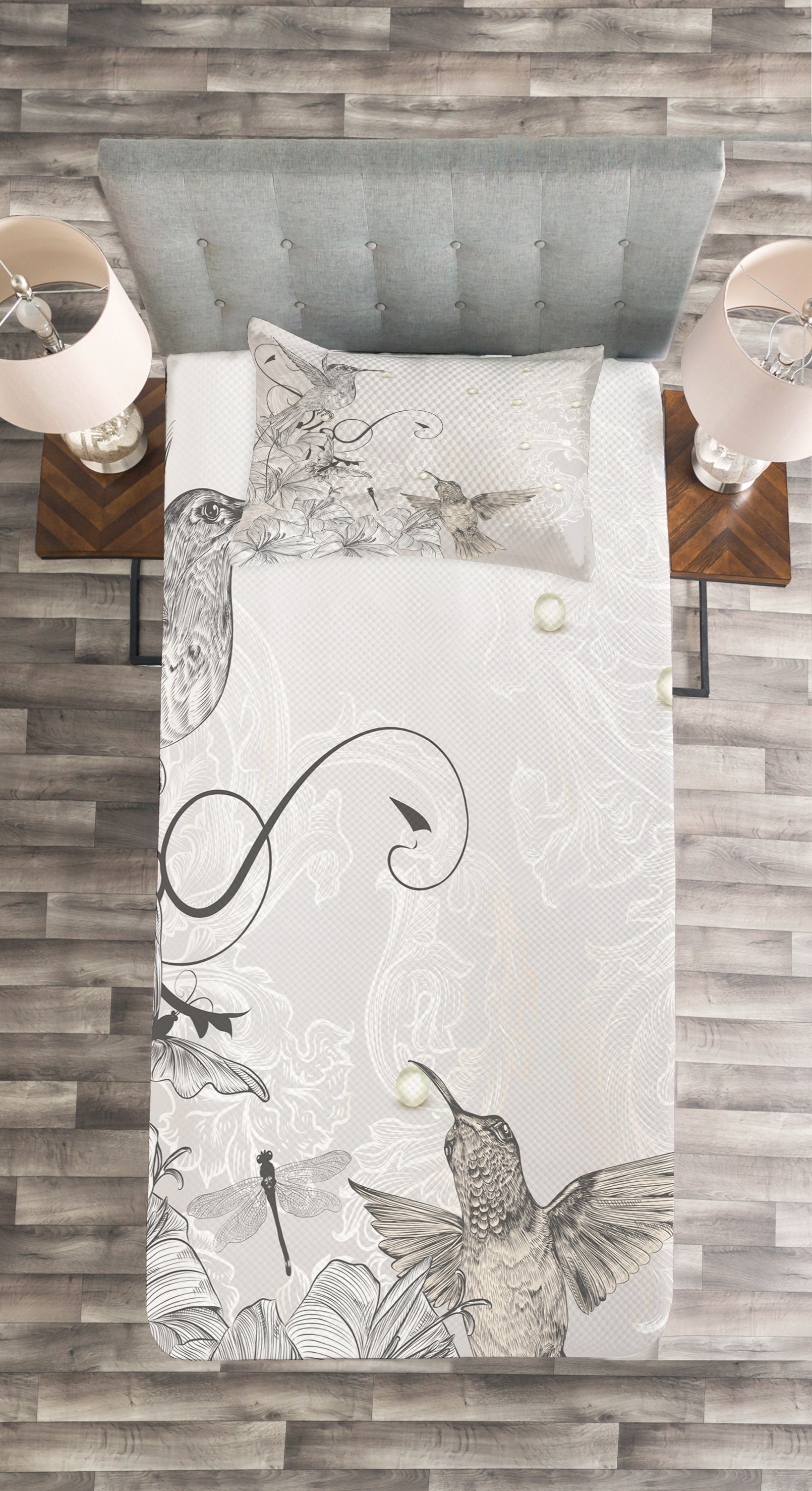 Set Perlen Tagesdecke Vögel Kolibri mit Waschbar, Kissenbezügen Abakuhaus, Zeichnung