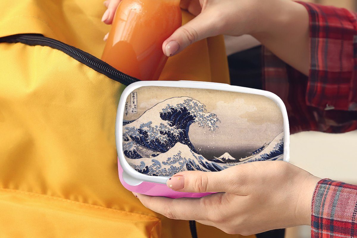 MuchoWow Snackbox, von Lunchbox Kinder, (2-tlg), große für Kluft - Hokusai, Erwachsene, Katsushika Gemälde Kunststoff von rosa Kanagawa Brotdose Mädchen, Kunststoff, Die Brotbox