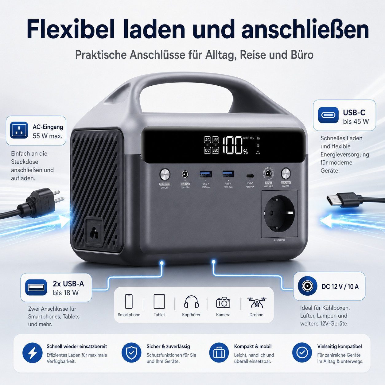 Goldstern-Tech Powerstation Tragbarer Stromspeicher 192 Wh LiFePO4-Akku 60000 mAh (12 V), 600 W Spitzenleistung, USB-C 45 W, LED-Licht – Bild 5 von 5