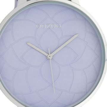 OOZOO Quarzuhr Oozoo Damen Armbanduhr hellblau, Damenuhr rund, extra groß (ca. 48mm) Lederarmband, Fashion-Style
