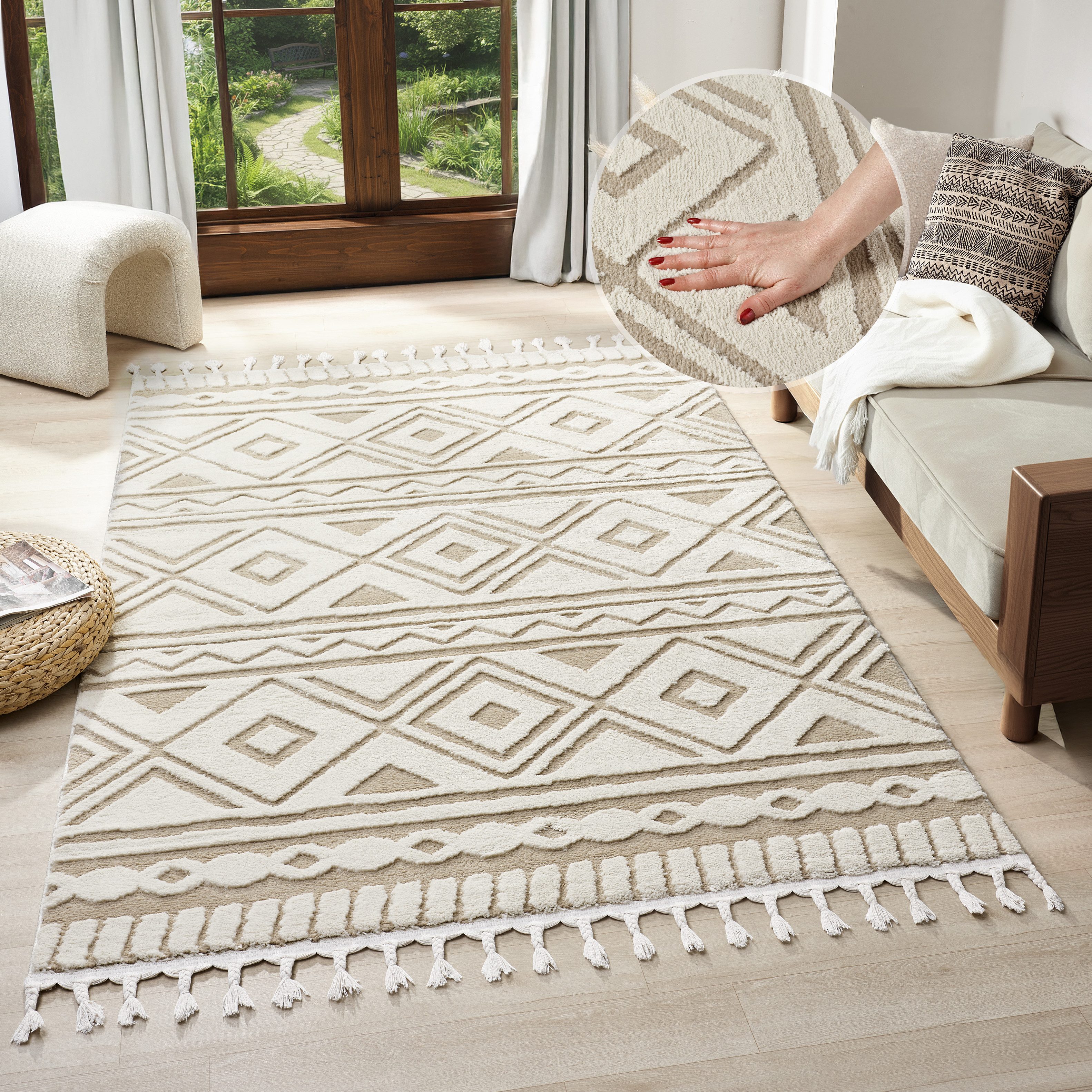 OTTO home Teppich Bonvo, rechteckig, Höhe: 19 mm, mit Fransen, Hoch-Tief-Struktur, Wohnzimmer, Schlafzimmer, Boho-Style