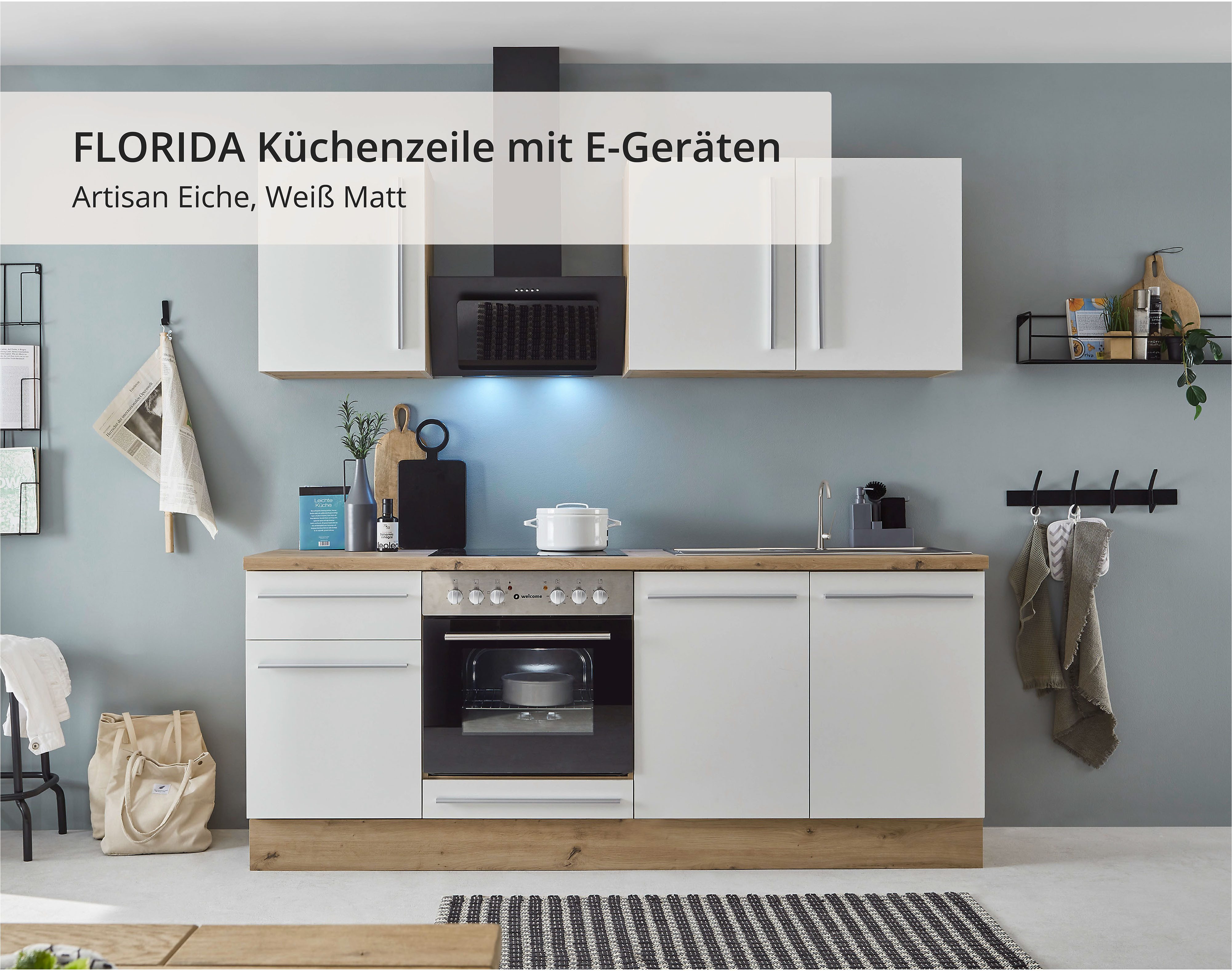 KOCHSTATION Küchenzeile KS-Florida mit 38mm starker Arbeitsplatte, Breite 210 cm, wahlweise mit E-Geräten, mit Soft-Close-Funktion