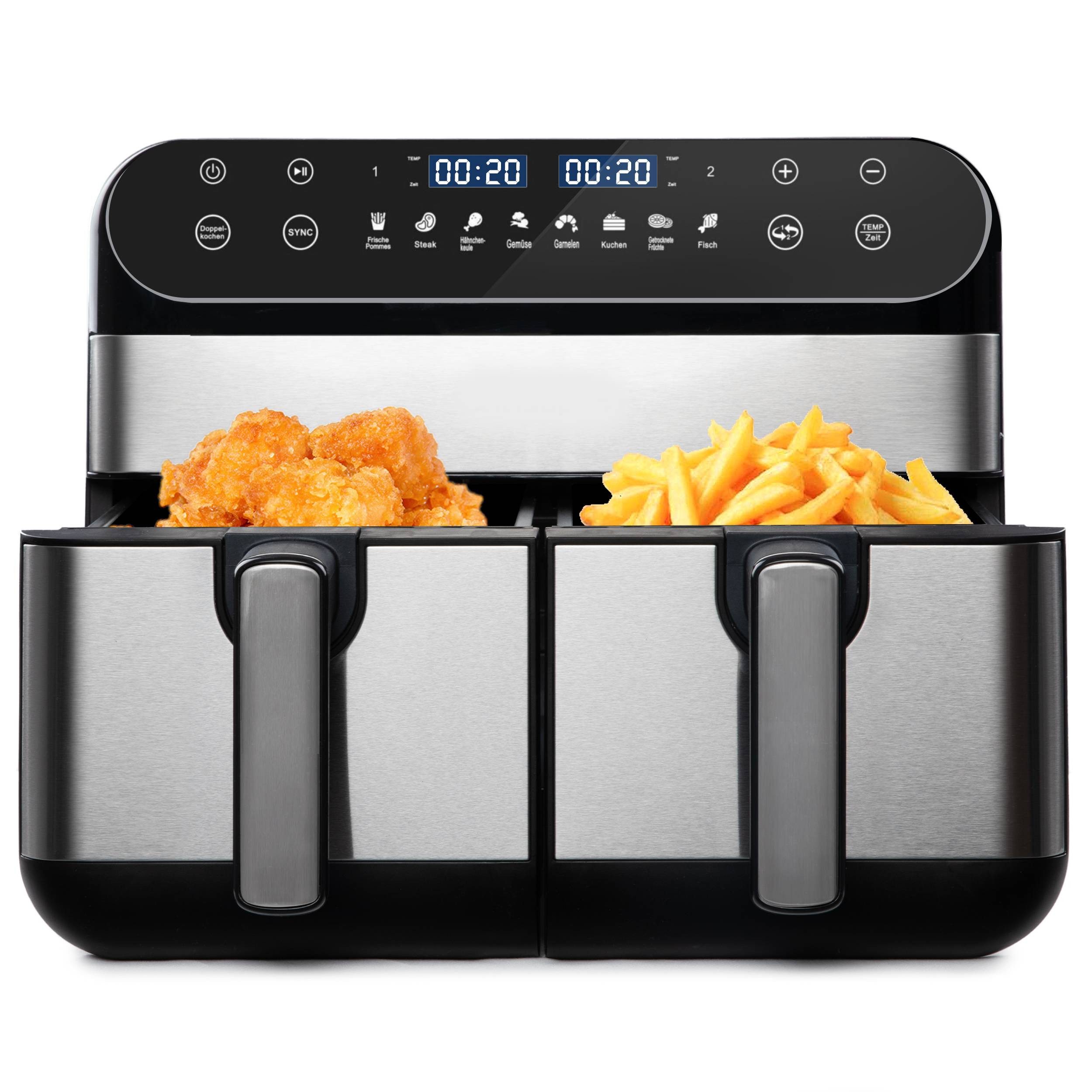 PHILODECO Heißluftfritteuse Mini-Backofen 10L, 2400W, 8 Programme, Zwei Frittierkörbe