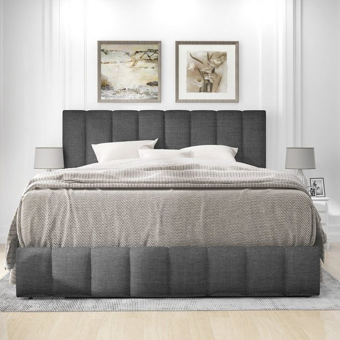 SOFTWEARY Polsterbett (Doppelbett mit Lattenrost und Bettkasten 140x200 cm) gepolsterter Kopfteil Bezug aus Leinen QR12188