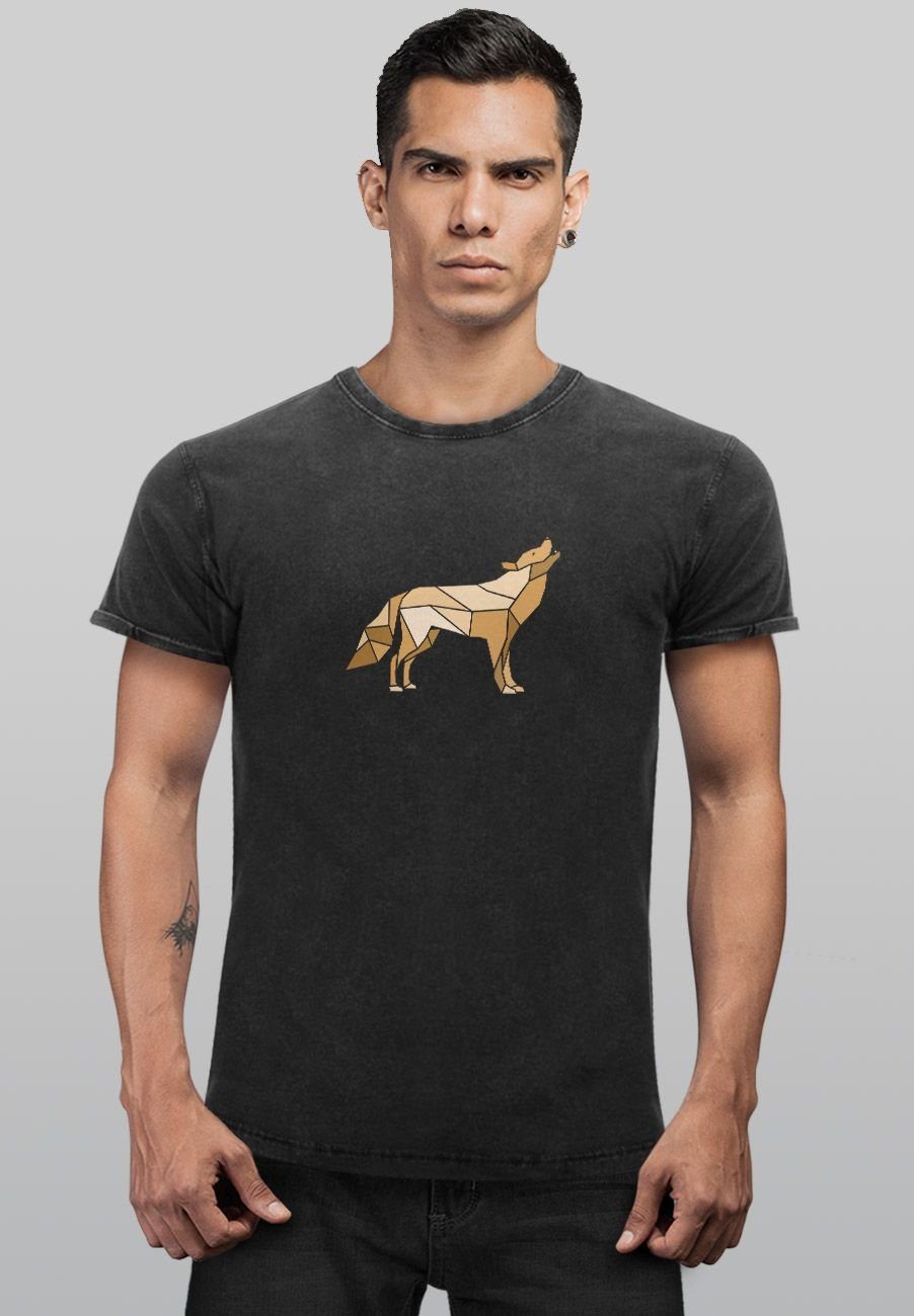 Neverless Print-Shirt Herren Wolf Print schwarz mit Wil Geometrie Shirt Vintage Polygon Print Outdoor Aufdruck
