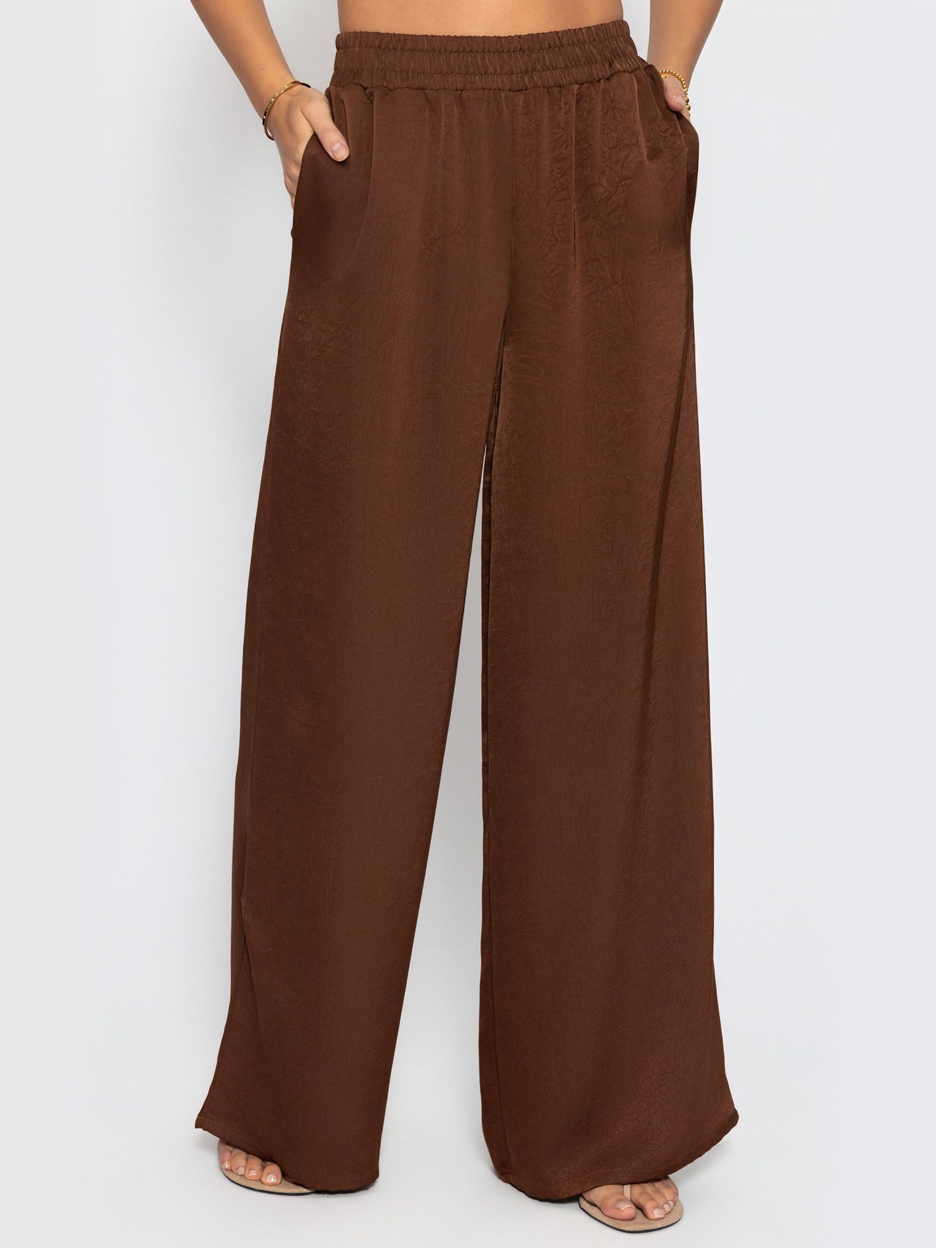 SASSYCLASSY Stoffhose Fließende Satin Stoffhose Damen mit Wide Leg Elegante Palazzohose aus Satinstoff mit Taschen Beige Braun Grau Taupe