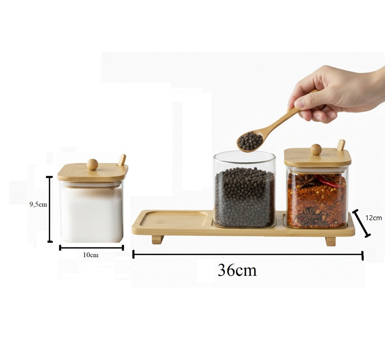 Cheffinger Gewürzbehälter aus Glas mit Bambus-Tablett, Löffeln & Deckeln, B günstig online kaufen