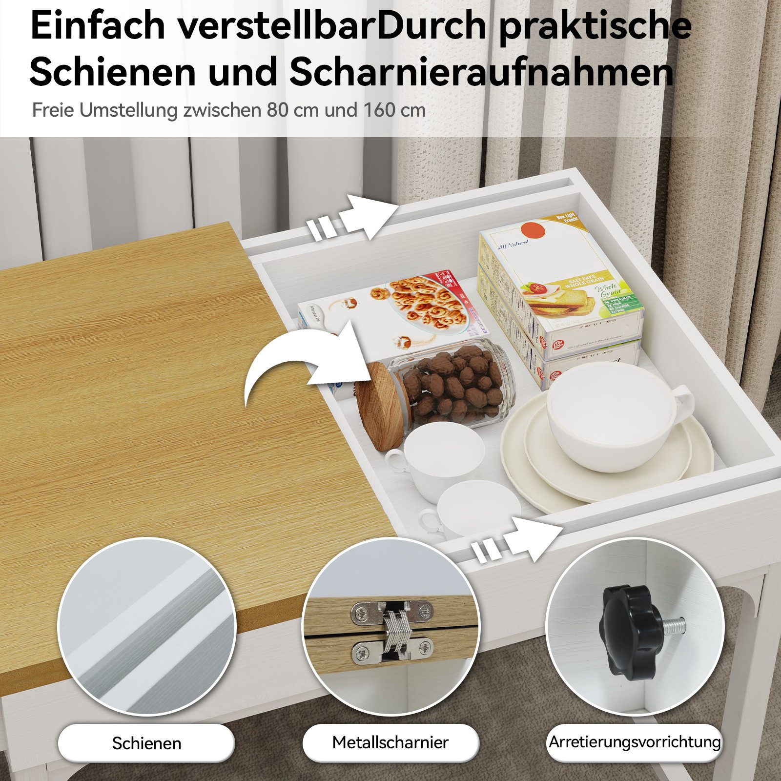 Puluomis Esstisch ausziehbar, Erweiterbarer Tisch 55x80-160cm, Klapptisch weiß natur
