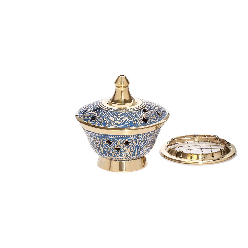 NKlaus Räucherschale 2750 Räucherschale Messing Bemalt, Blau mit Gitter H7,5cm, D8cm, 200gr, Räucherstövchen