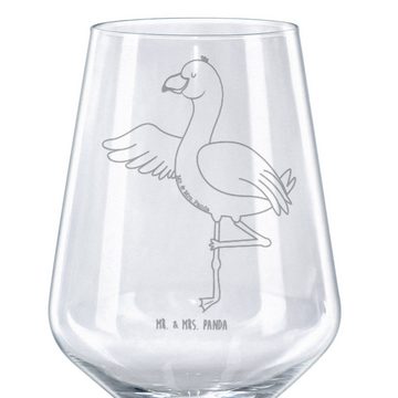 Mr. & Mrs. Panda Rotweinglas Flamingo Yoga - Transparent - Geschenk, Rotwein Glas, Hochwertige Wei, Premium Glas, Luxuriöse Gravur