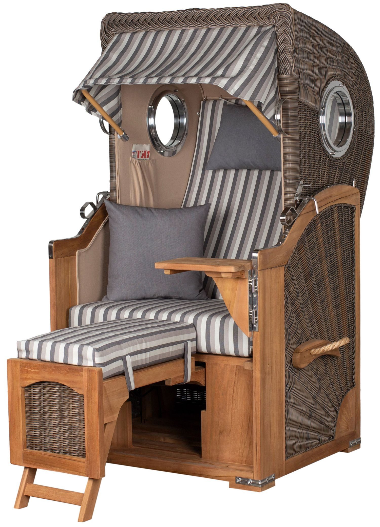 bene living Strandkorb Ammersee 1-Sitzer Teak - PE grau - Modell 545, BxTxH: 96x80x165 cm, Volllieger ca. 175 Grad, Ostsee-Strandkorb Komplettset, Liftersystem, Windschutzfolie, Bullaugen, bequeme Polsterung