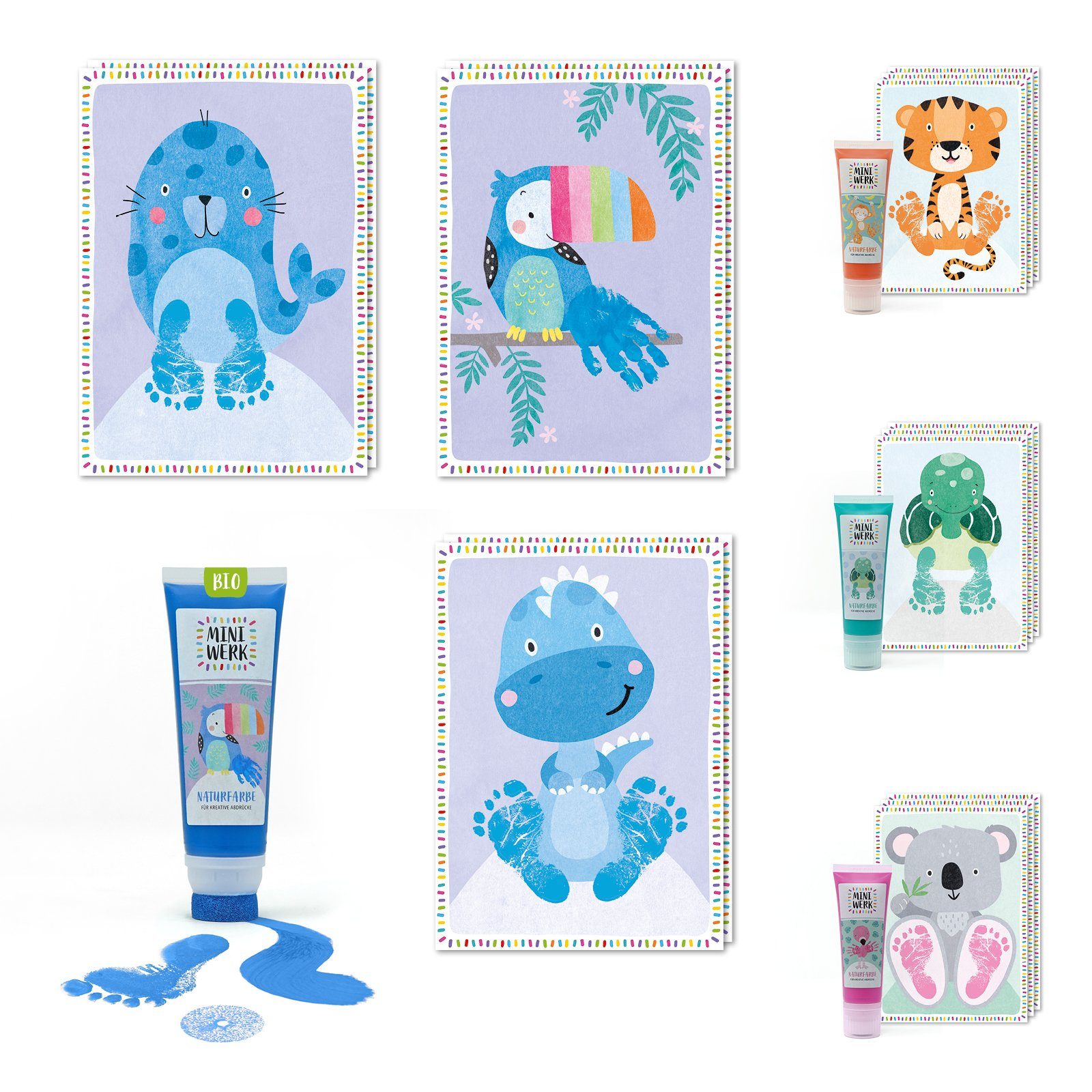 Miniwerk Handabdruck-Set Baby Abdruckset mit Bio Malfarbe, Schwammaufsatz und Tiermotivkarten