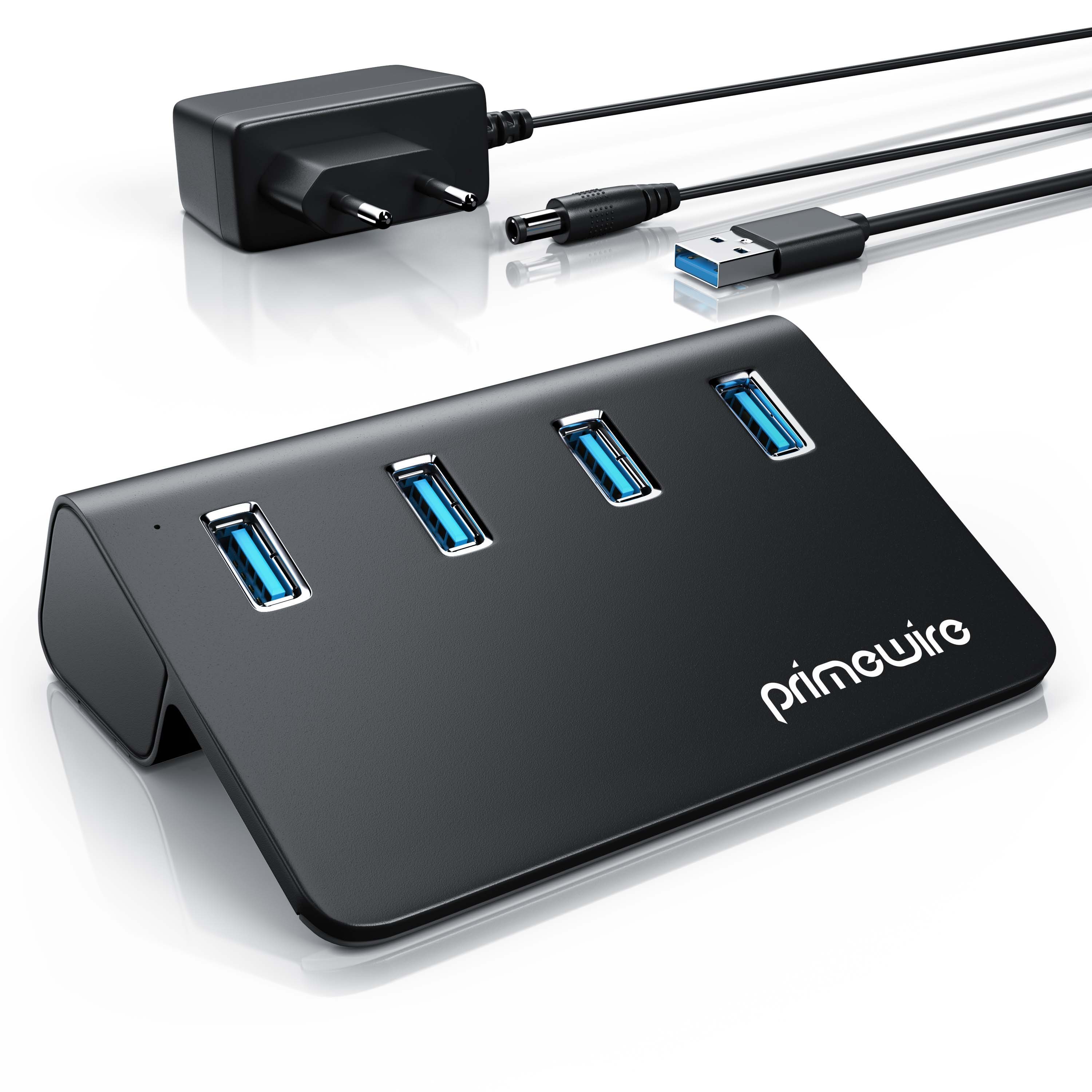 Primewire USB-Adapter, USB 3.2 Gen2 Hub, 4 Port Aktiver Verteiler mit Netzteil, 10 Gbit/s