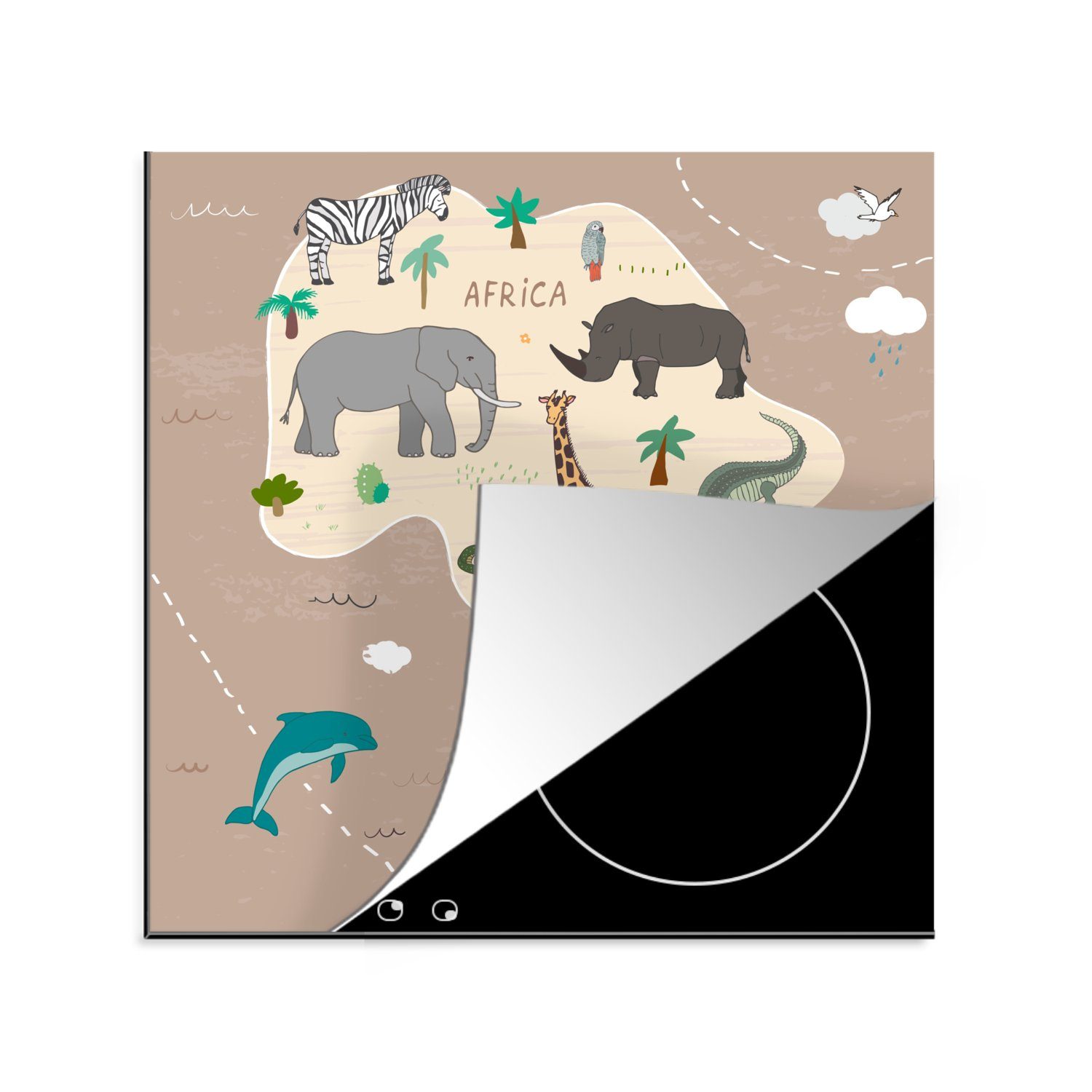 - cm, Herdblende-/Abdeckplatte - Afrika für Arbeitsplatte - 78x78 (1 Tiere Vinyl, - Kinder MuchoWow Jungen Weltkarte Ceranfeldabdeckung, Mädchen, tlg), - küche