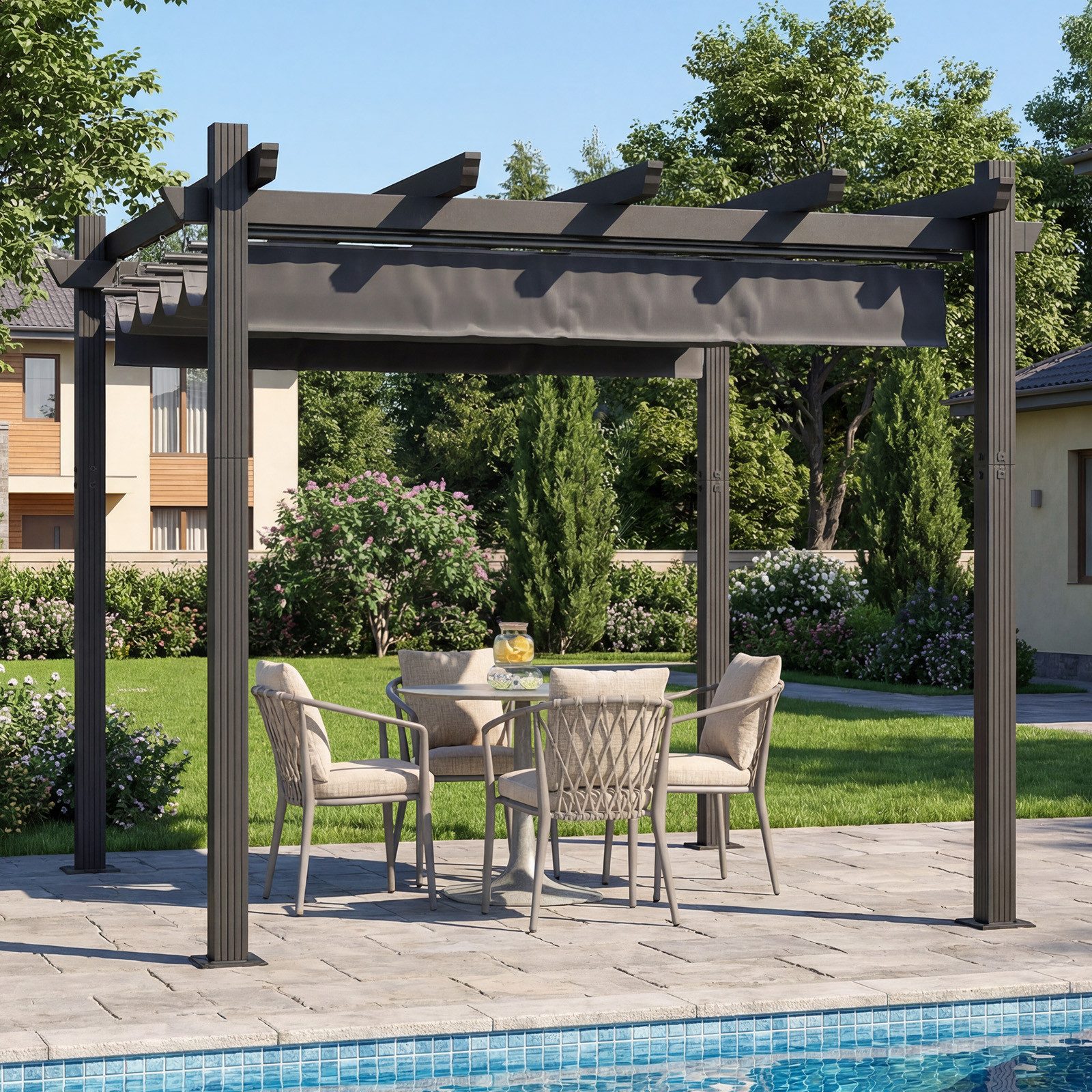 GUNJI Pergola 3x3/3x4m Winterfest, Magnetisch befestigte Aluminium-Pergola, (180g PA-beschichtetes Polyester, UV-geschützt, geeignet für Garten, Terrasse, Poolszenen), Magnetisch befestigbares Schiebedach