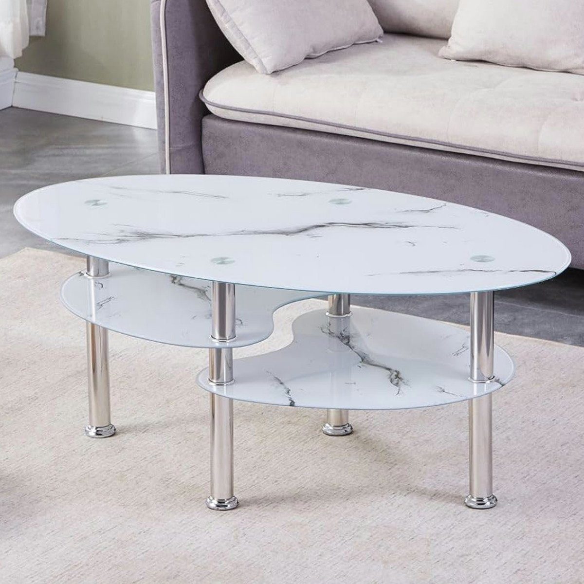 HOOZ Couchtisch HOOZ Couchtisch 98x55cm Marmor weiß mit Ablage (Wohnzimmertisch, perfekt als Beistelltisch), Tischplatte Marmorweiß mit Ablage in Marmorweiß – Bild 2 von 5