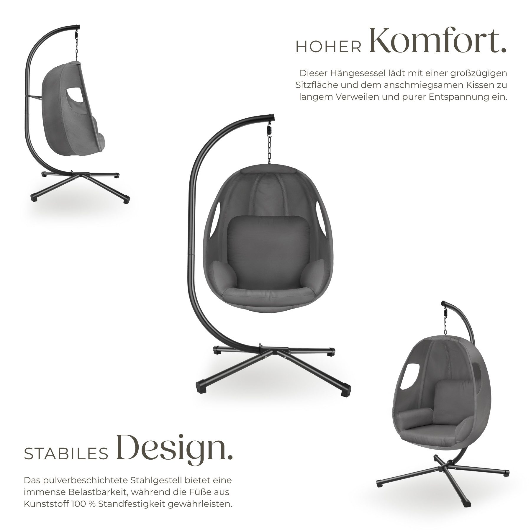 tectake Hängesessel Korbsessel, inklusive Schutzhülle, stabil, 100 x 97 x 201 cm (Hängekorb mit Gestell Anika, für Indoor und Outdoor in anthrazit), mit dickem Sitzkissen, bodenschonend und faltbar, Belastbarkeit 160 kg