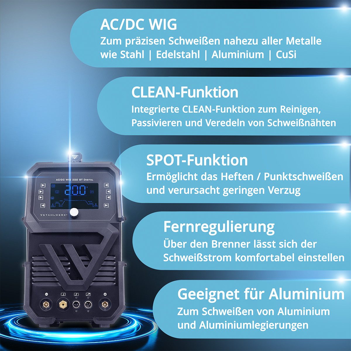 STAHLWERK Schutzgasschweißgerät Schweißgerät AC/DC WIG 200 ST Digital, 30 - 200 A, Packung, 1-tlg., Vollausstattung, Alu-geeigneter WIG MMA Inverter