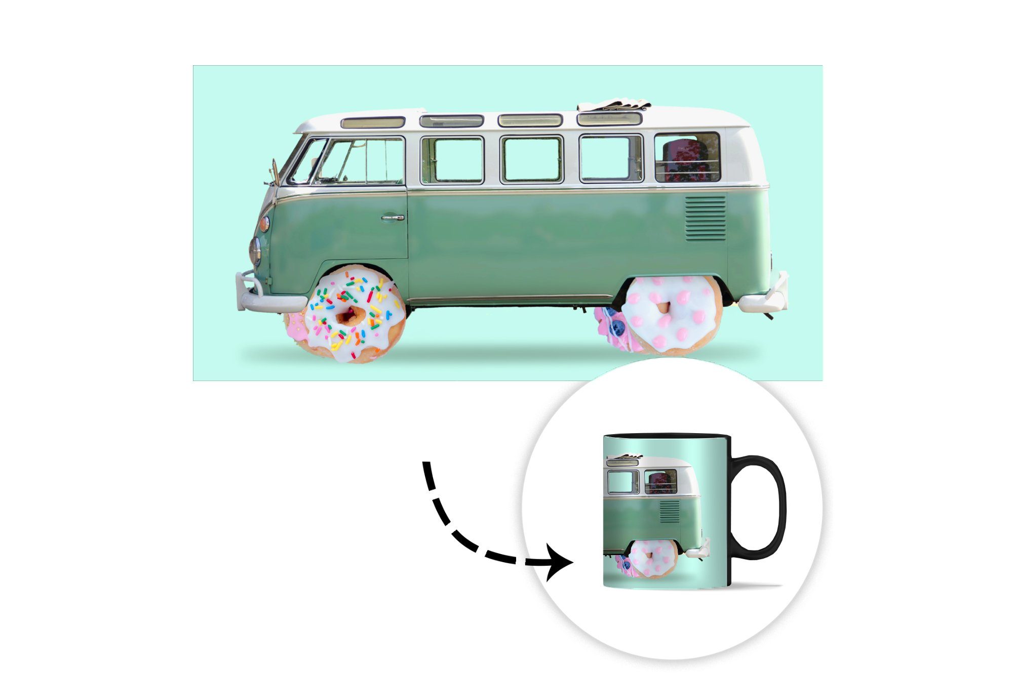Teetasse, Tasse - - Donuts MuchoWow Lieferwagen - Geschenk Auto Farbwechsel, Kaffeetassen, Keramik, Zaubertasse, Grün,