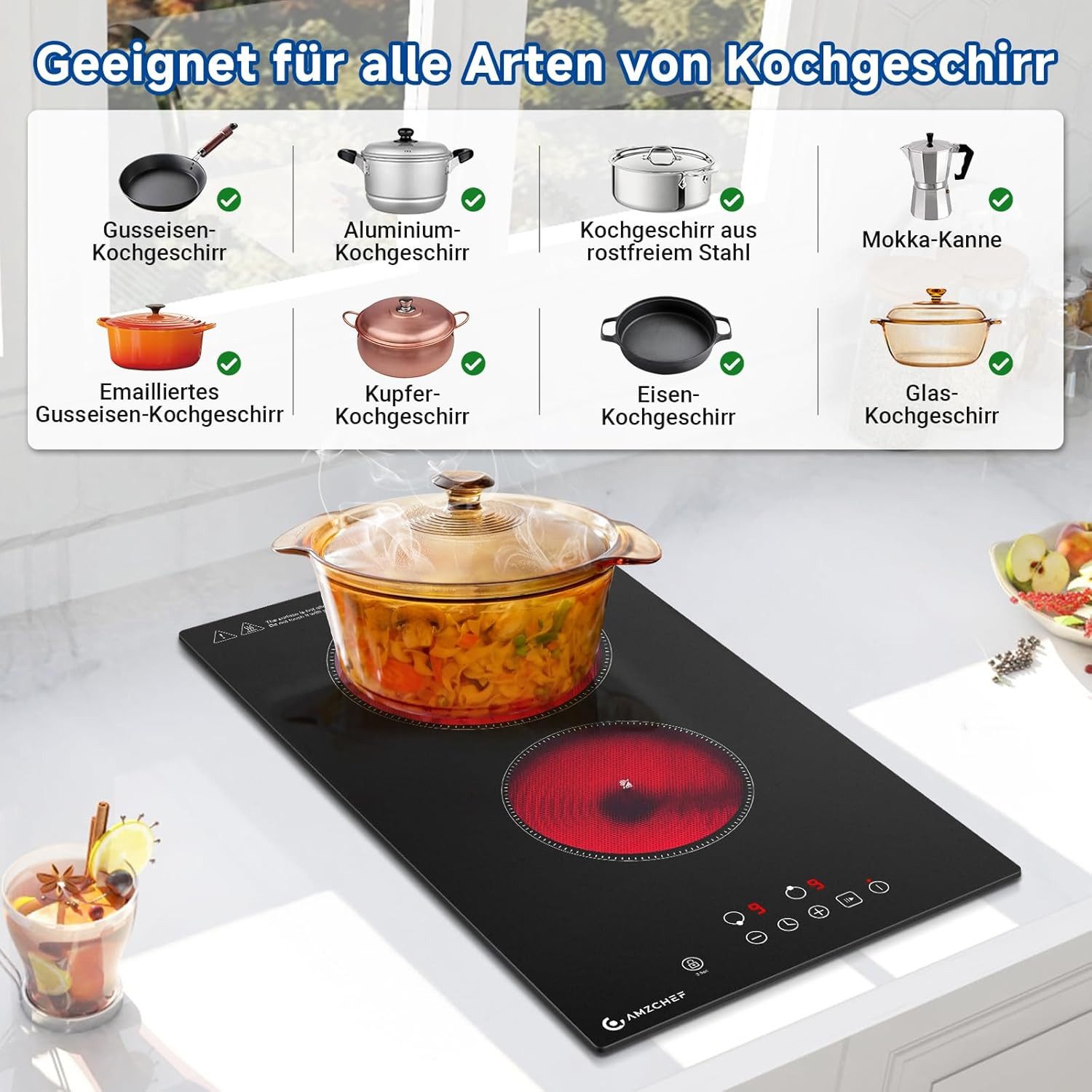 AMZCHEF Elektro-Kochfeld, 3200W Kochfeld 2 Platten mit 9 Leistungsstufen, 2-in-1 Freistehend